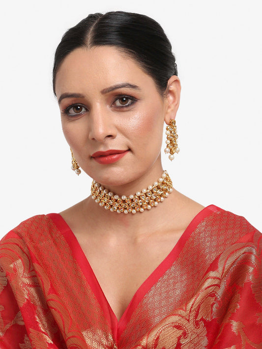 Gold-Polished White Kundan-Studded Pearls Beaded Handcrafted Jewellery Set - Ruby Raang - Ruby Raang Studio