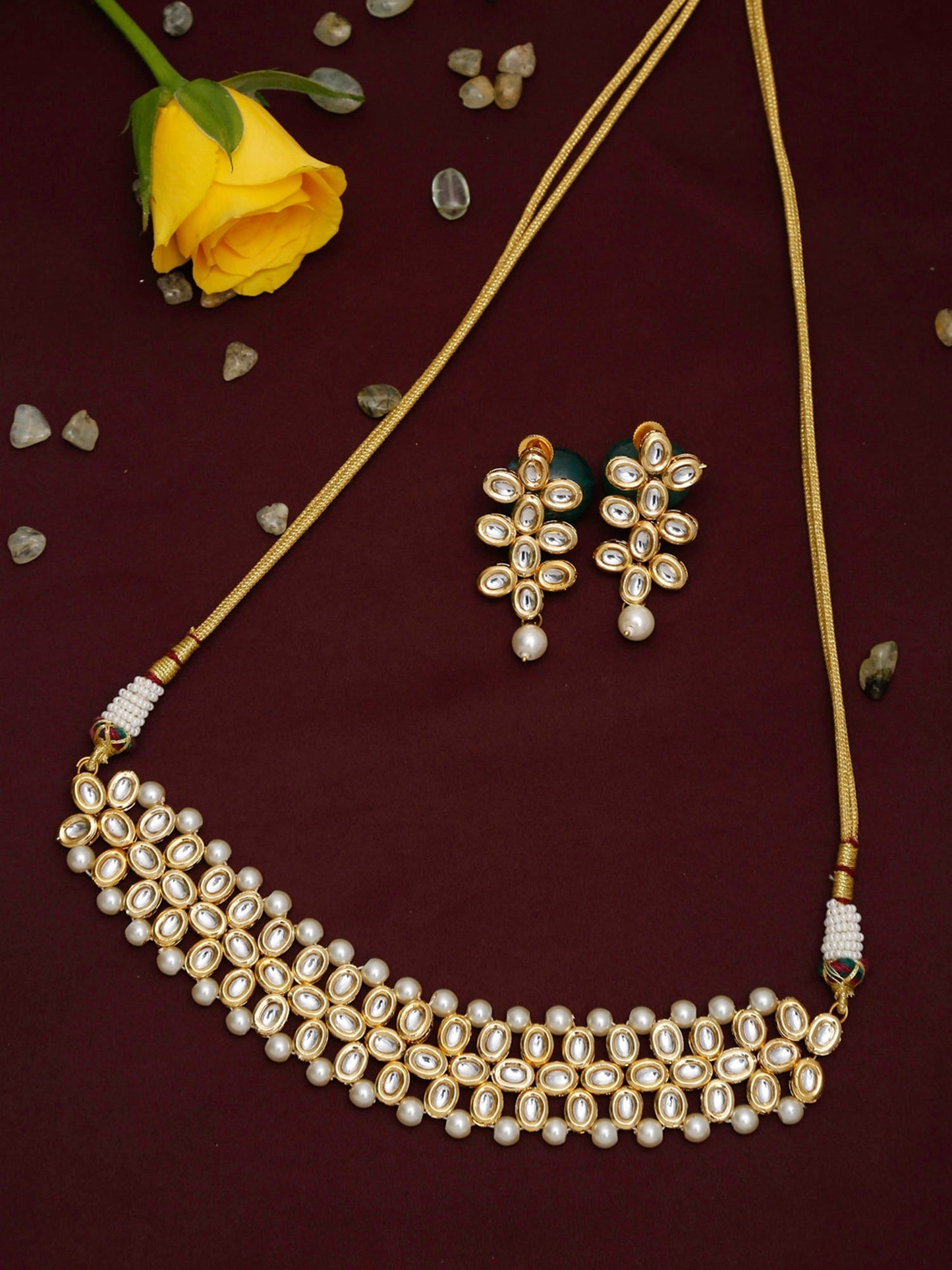 Gold-Polished White Kundan-Studded Pearls Beaded Handcrafted Jewellery Set - Ruby Raang - Swadesiicart