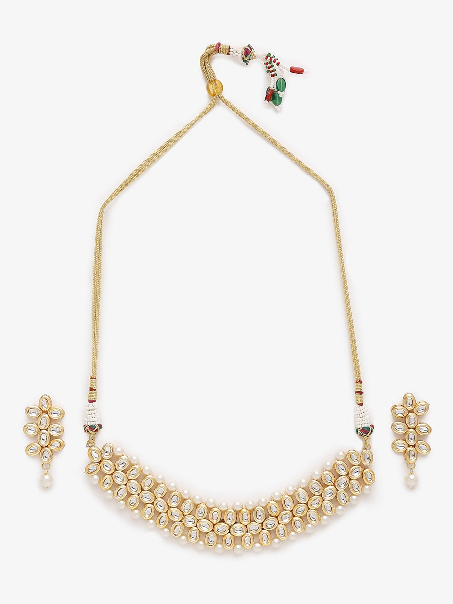 Gold-Polished White Kundan-Studded Pearls Beaded Handcrafted Jewellery Set - Ruby Raang - Swadesiicart