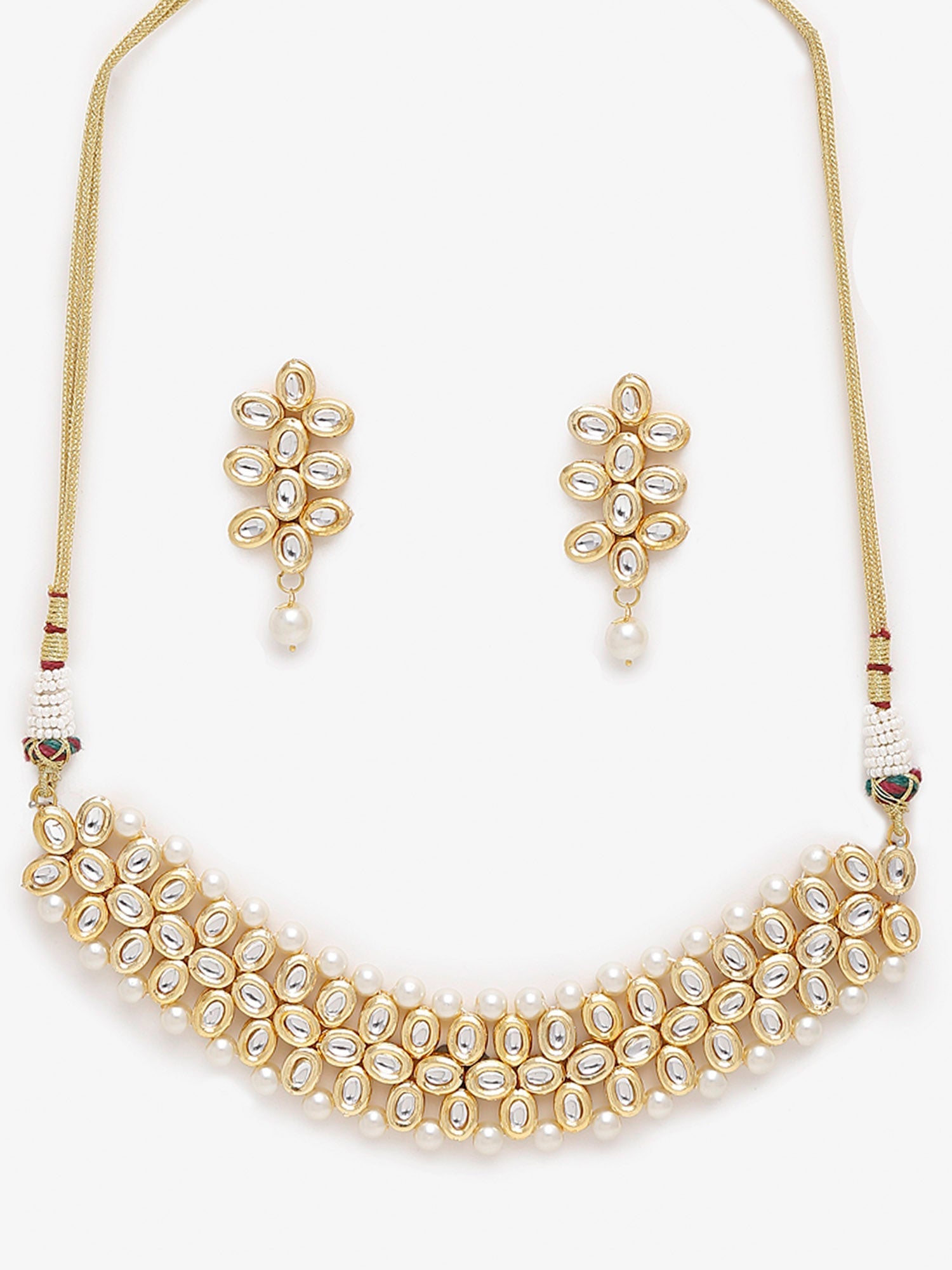 Gold-Polished White Kundan-Studded Pearls Beaded Handcrafted Jewellery Set - Ruby Raang - Swadesiicart