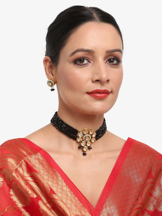 White Black Gold-Polished Kundan-Studded Jewellery Set - Ruby Raang - Ruby Raang Studio