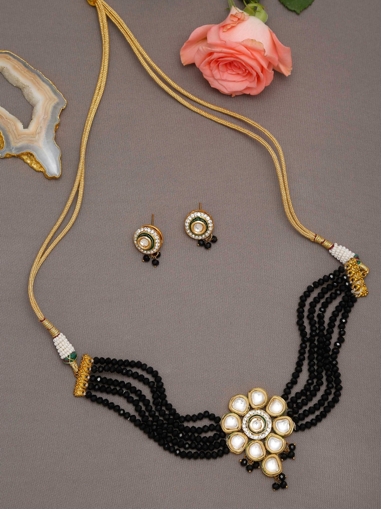 White Black Gold-Polished Kundan-Studded Jewellery Set - Ruby Raang - Swadesiicart