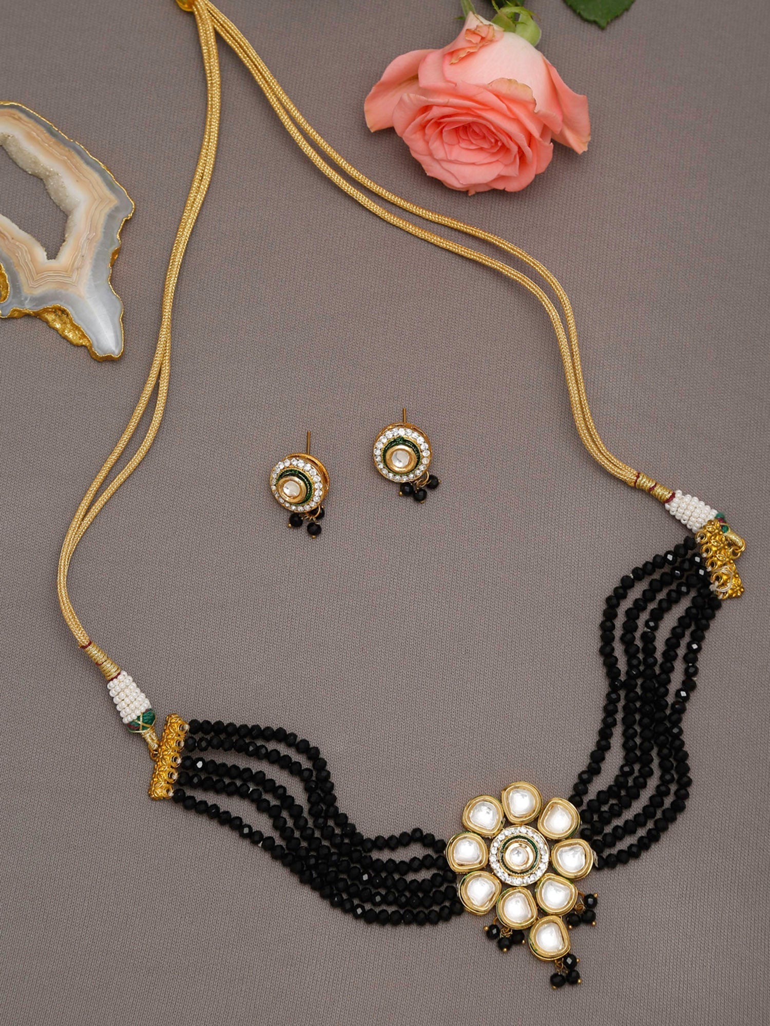 White Black Gold-Polished Kundan-Studded Jewellery Set - Ruby Raang - Swadesiicart
