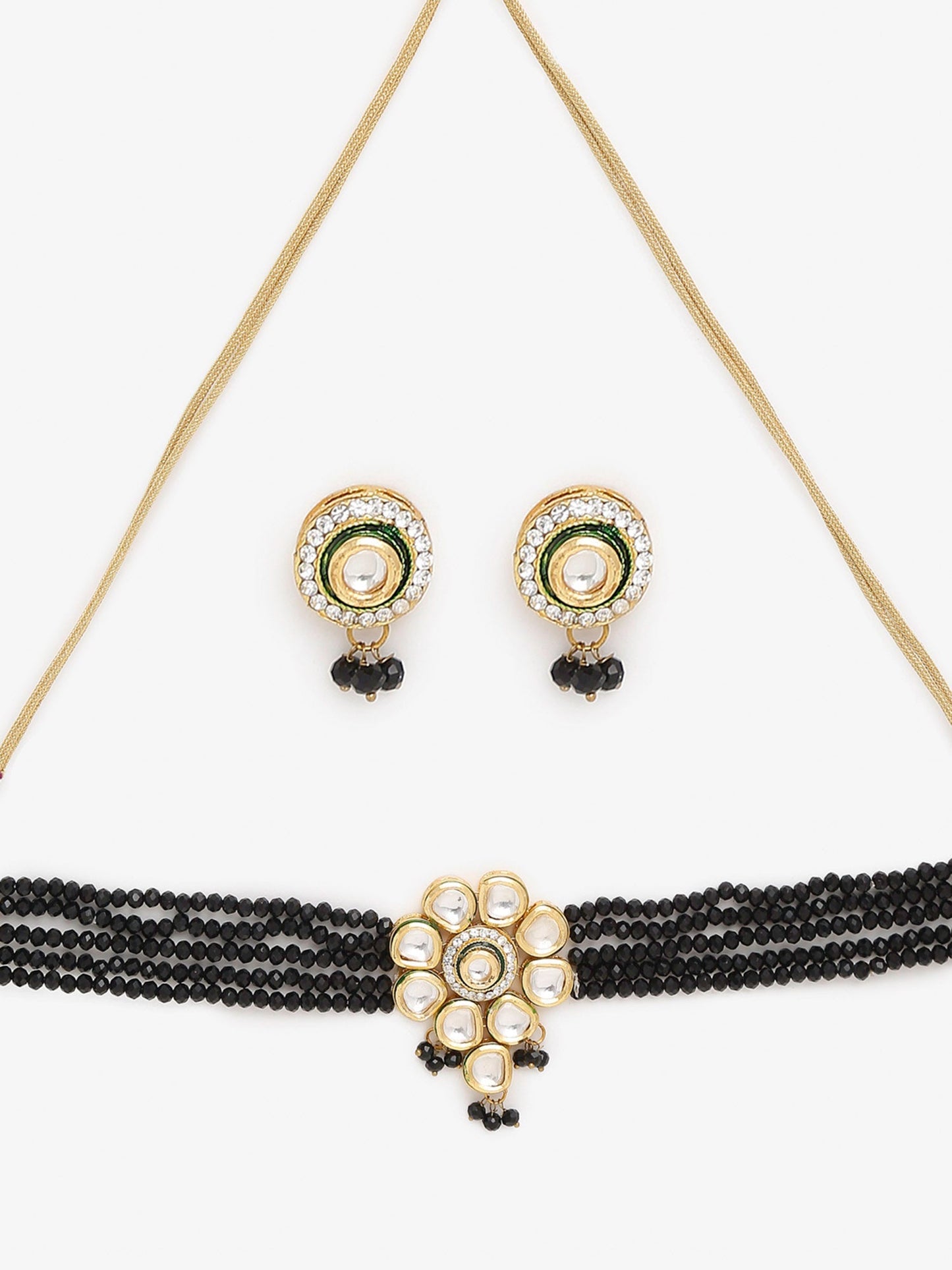 White Black Gold-Polished Kundan-Studded Jewellery Set - Ruby Raang - Swadesiicart