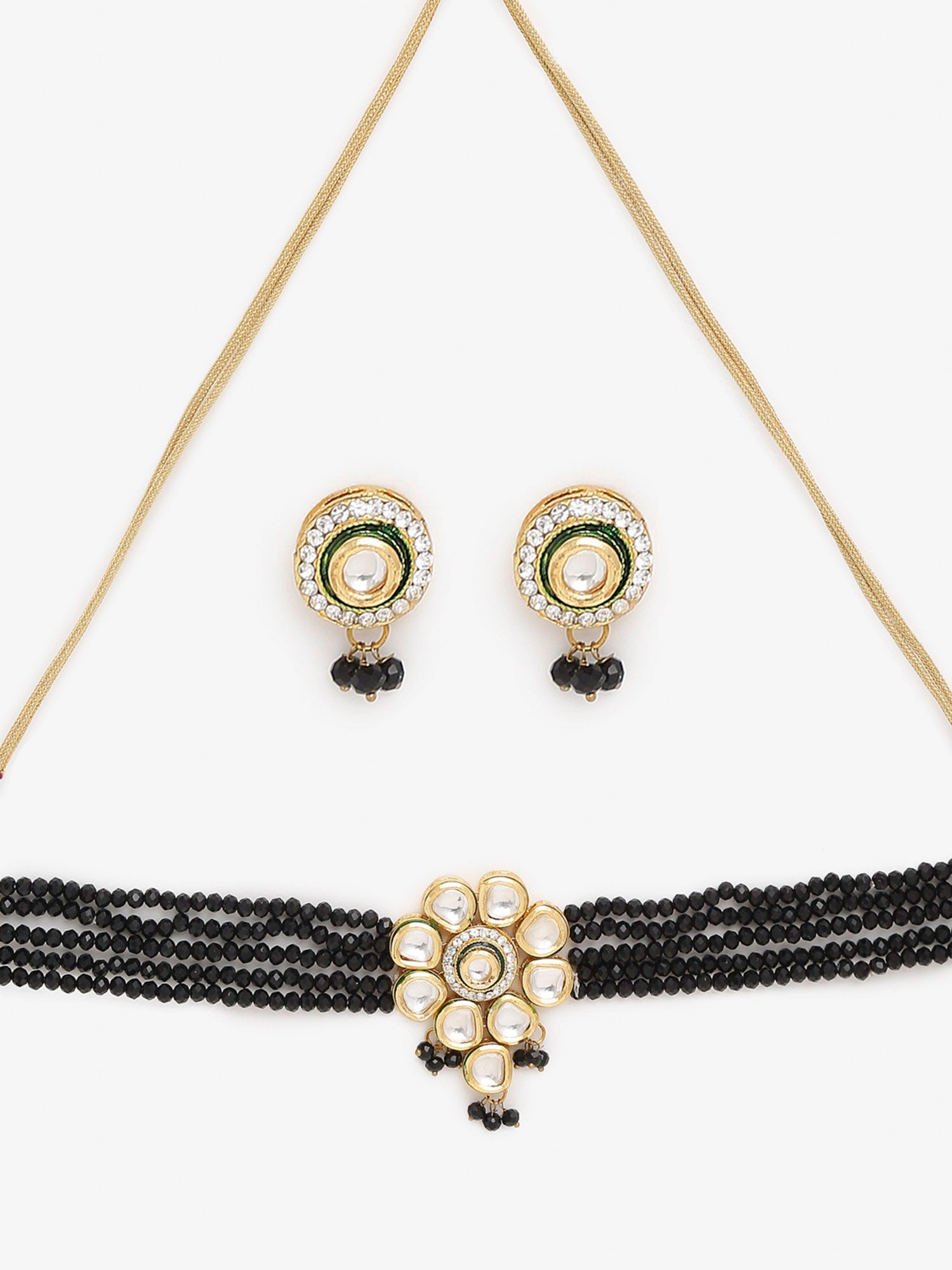 White Black Gold-Polished Kundan-Studded Jewellery Set - Ruby Raang - Swadesiicart