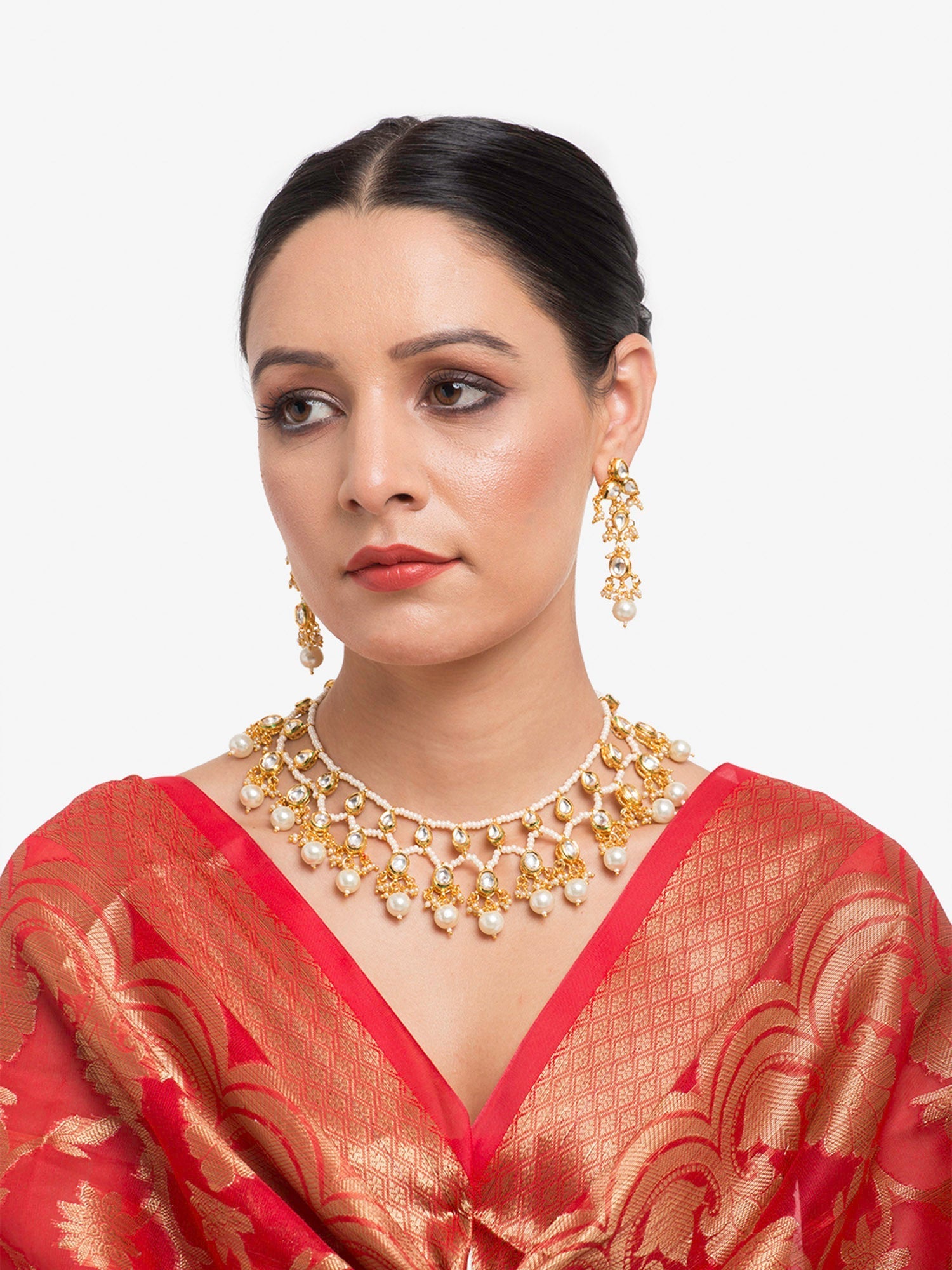Gold-Polished White Kundan Stone Studded Jewellery Set - Ruby Raang - Ruby Raang Studio