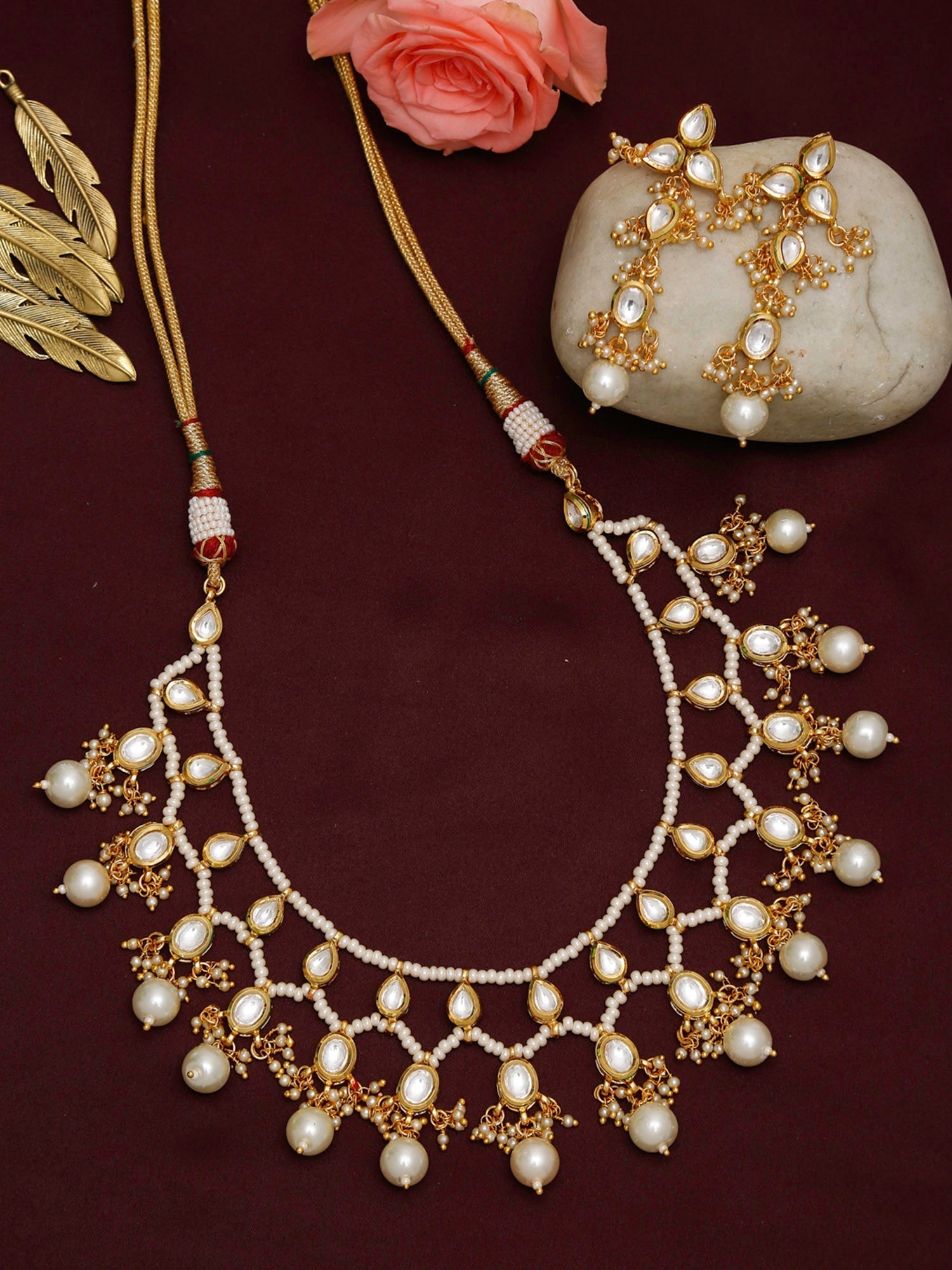 Gold-Polished White Kundan Stone Studded Jewellery Set - Ruby Raang - Swadesiicart