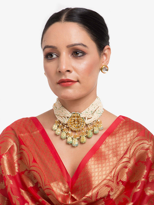 Gold-Polished White Green Stone-Studded Pearls Beaded Handcrafted Jewellery Set - Ruby Raang - Ruby Raang Studio