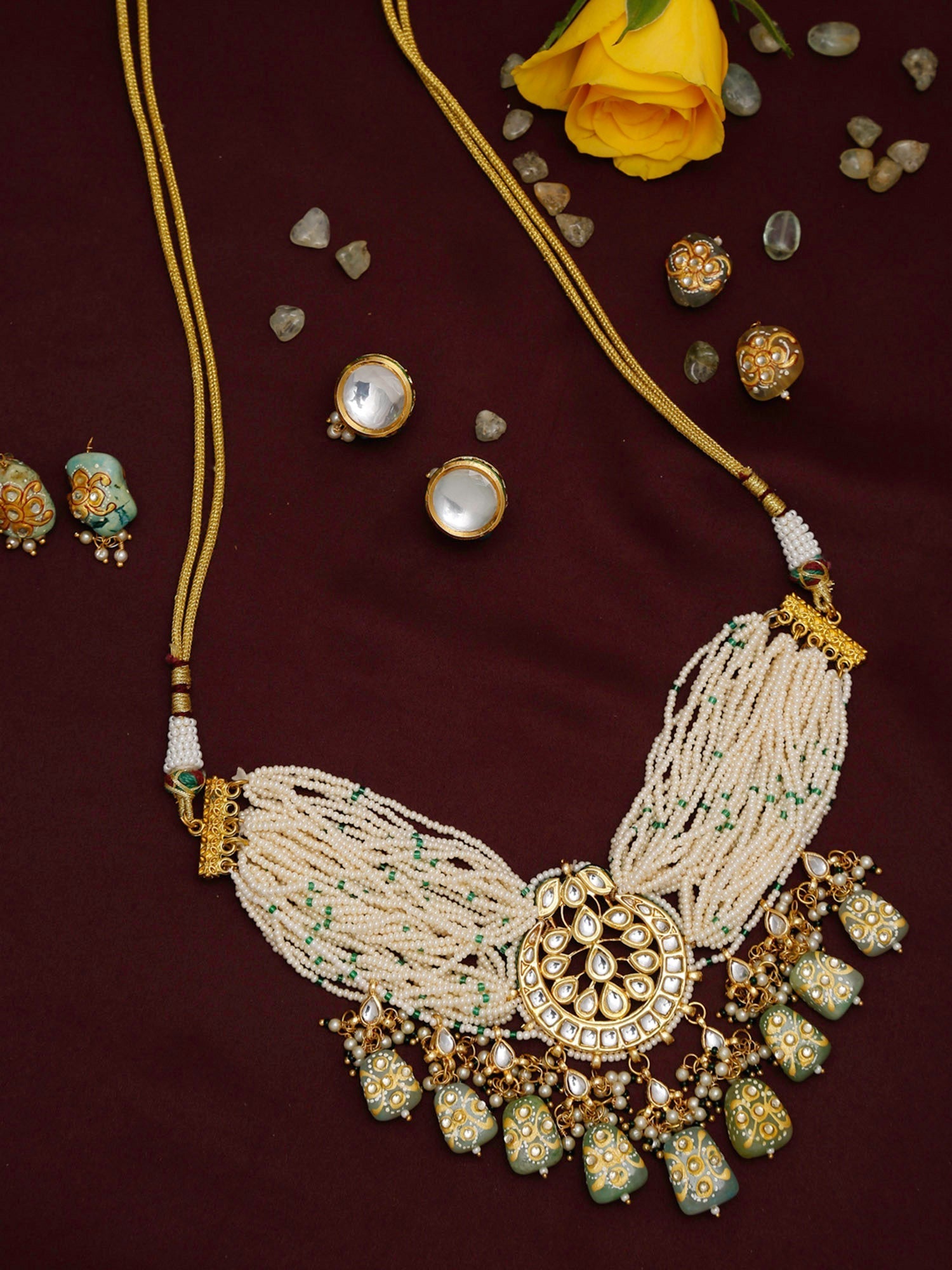 Gold-Polished White Green Stone-Studded Pearls Beaded Handcrafted Jewellery Set - Ruby Raang - Swadesiicart