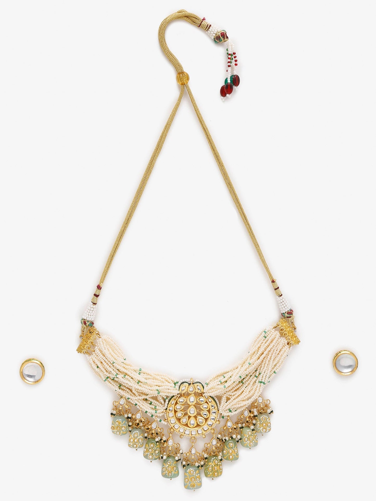 Gold-Polished White Green Stone-Studded Pearls Beaded Handcrafted Jewellery Set - Ruby Raang - Swadesiicart