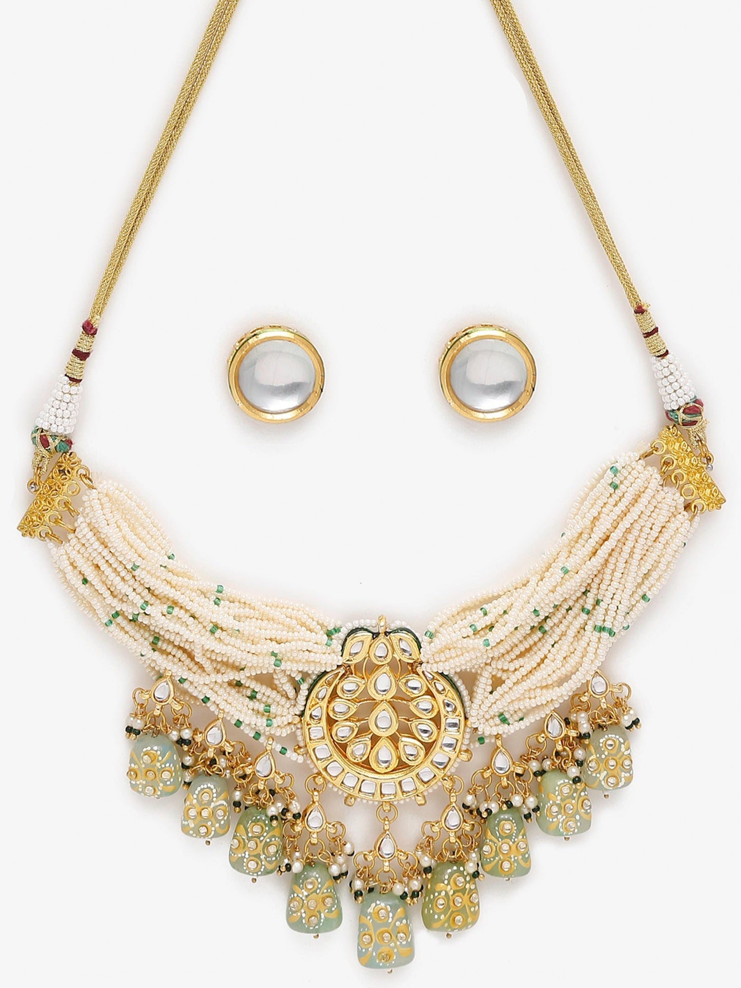Gold-Polished White Green Stone-Studded Pearls Beaded Handcrafted Jewellery Set - Ruby Raang - Swadesiicart