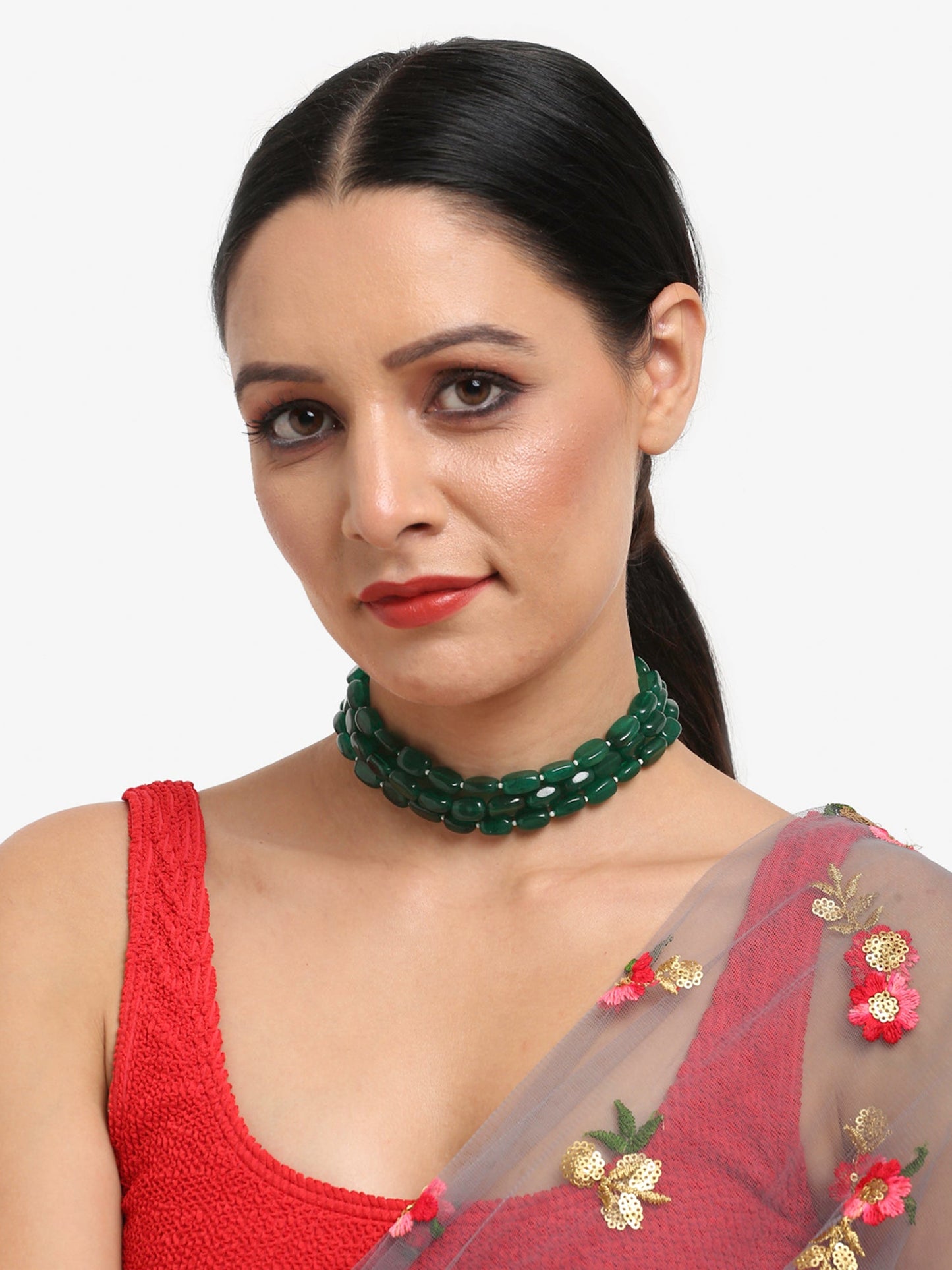 Gold-Toned Green Emerald Gold-Polished Layered Choker - Ruby Raang | Swadesiicart