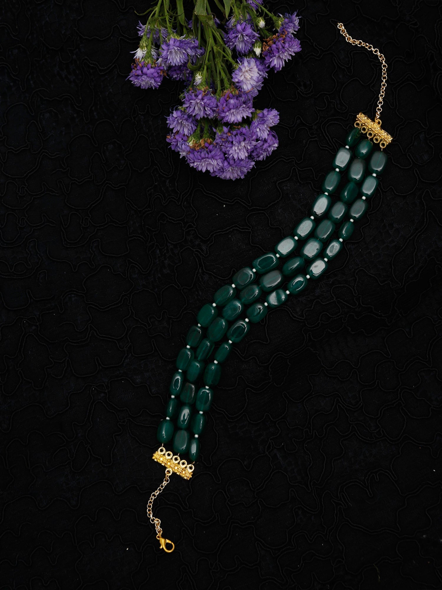 Gold-Toned Green Emerald Gold-Polished Layered Choker - Ruby Raang | Swadesiicart