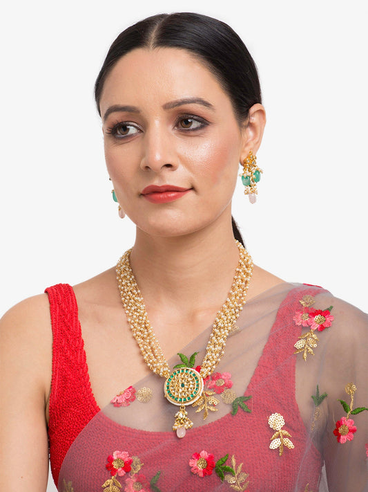 Gold-Polished Green White Kundan Studded Layered Jewellery Set - Ruby Raang - Ruby Raang Studio