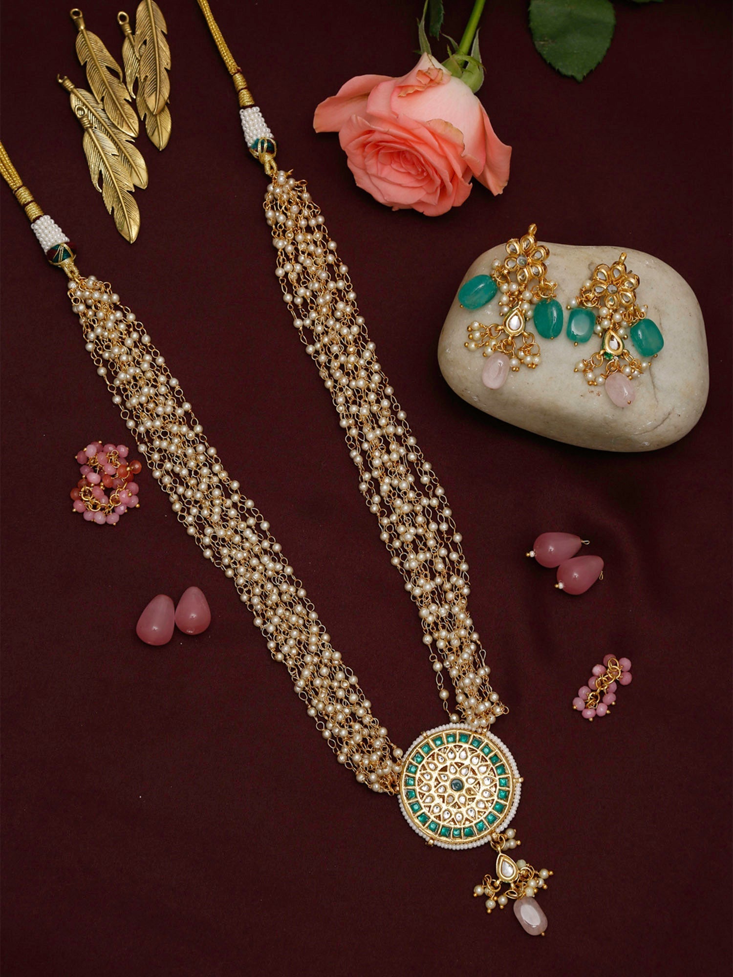 Gold-Polished Green White Kundan Studded Layered Jewellery Set - Ruby Raang - Swadesiicart