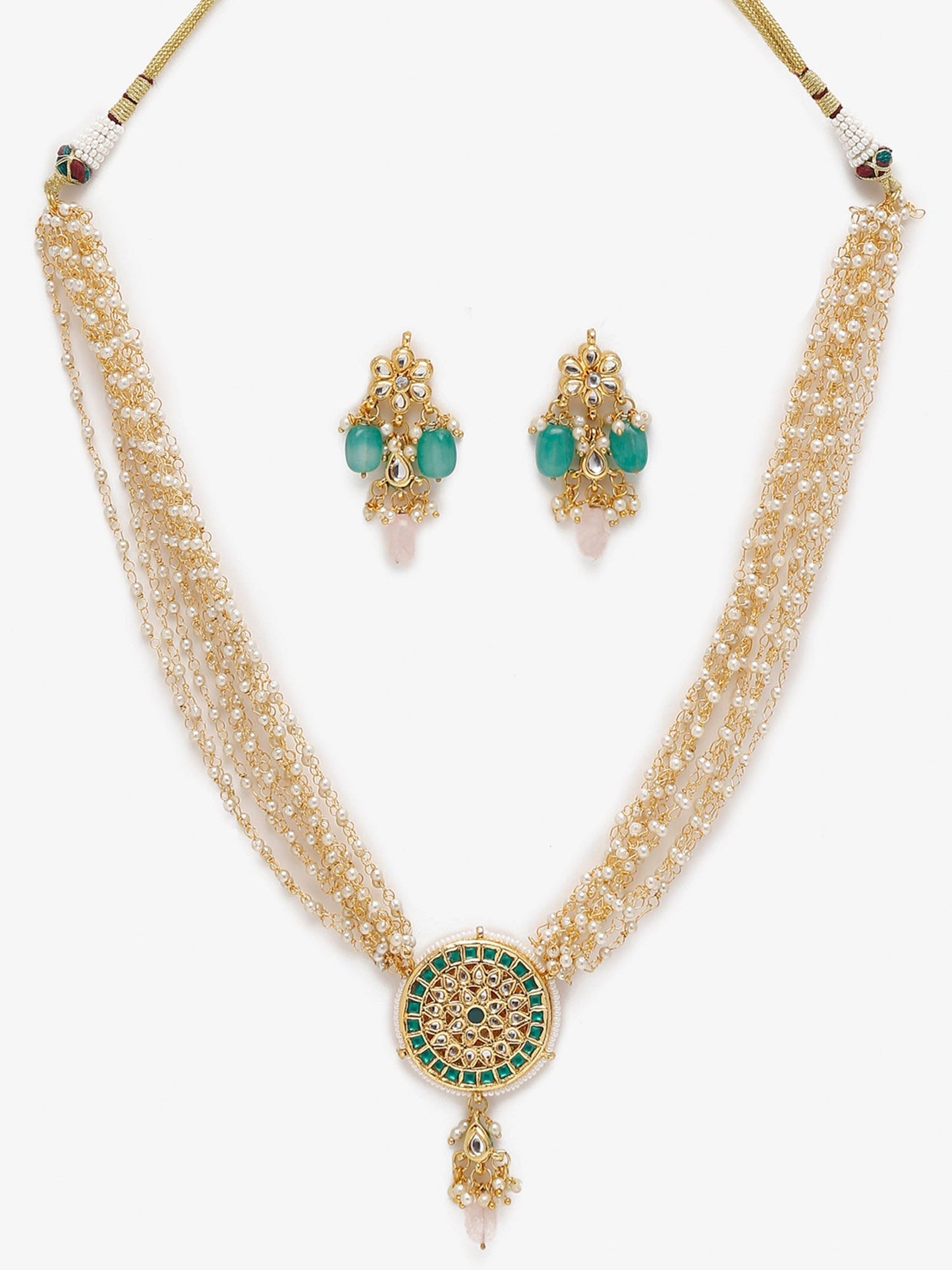 Gold-Polished Green White Kundan Studded Layered Jewellery Set - Ruby Raang - Swadesiicart