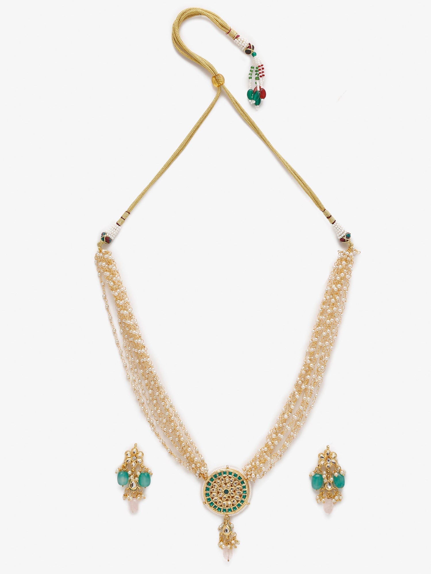 Gold-Polished Green White Kundan Studded Layered Jewellery Set - Ruby Raang - Swadesiicart