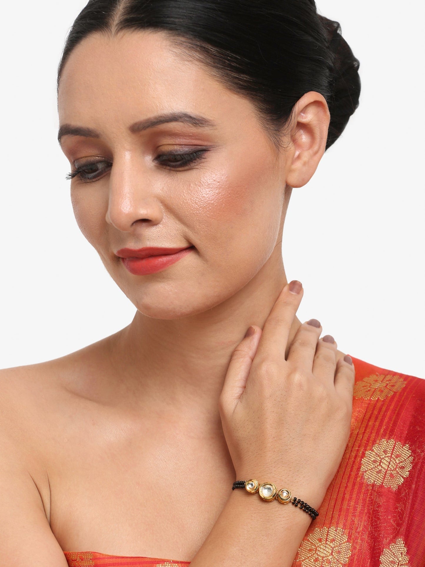 Black Gold-Toned Kundan Mangalsutra Bracelet - Ruby Raang - Swadesiicart