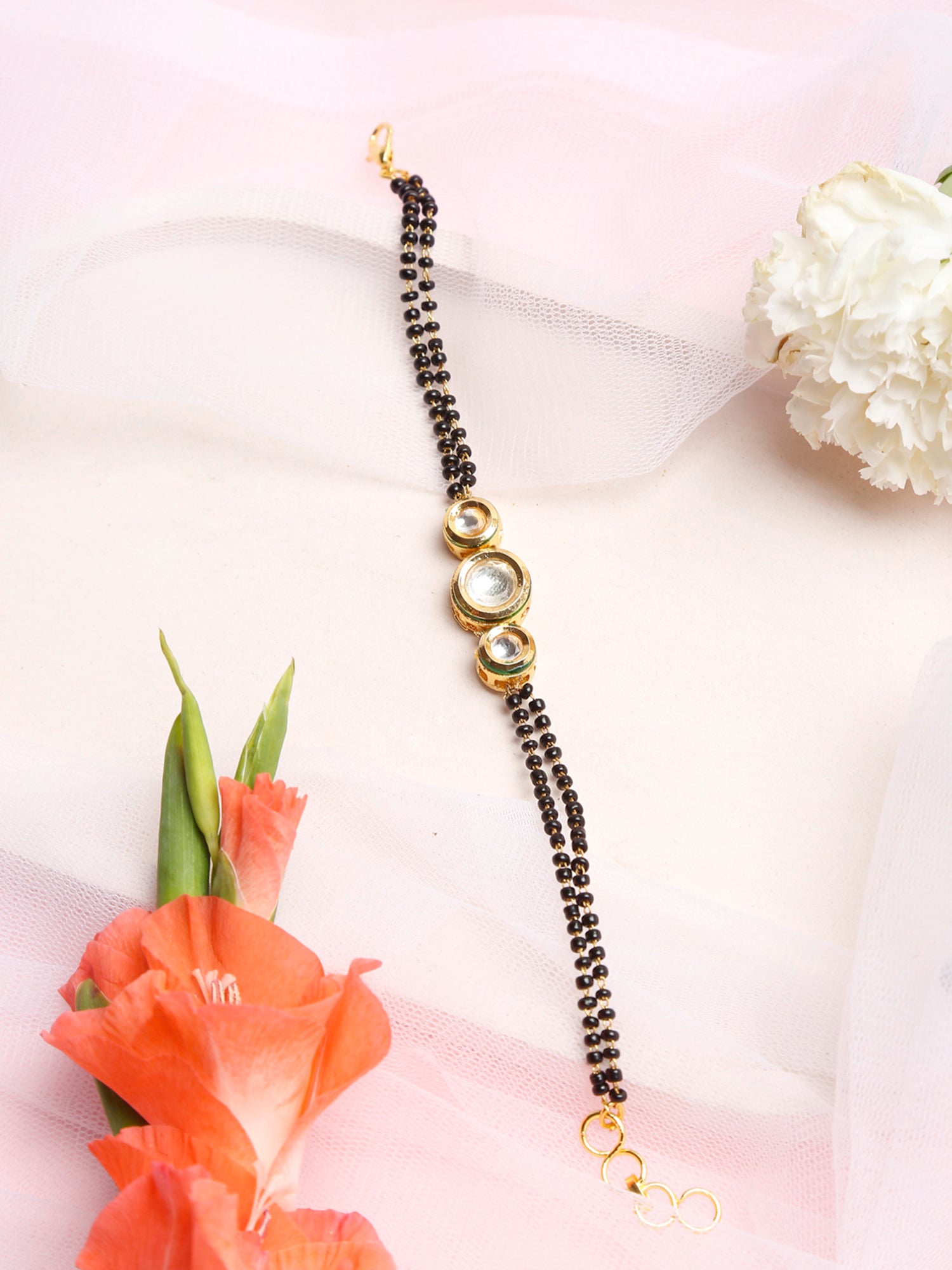 Black Gold-Toned Kundan Mangalsutra Bracelet - Ruby Raang - Ruby Raang Studio