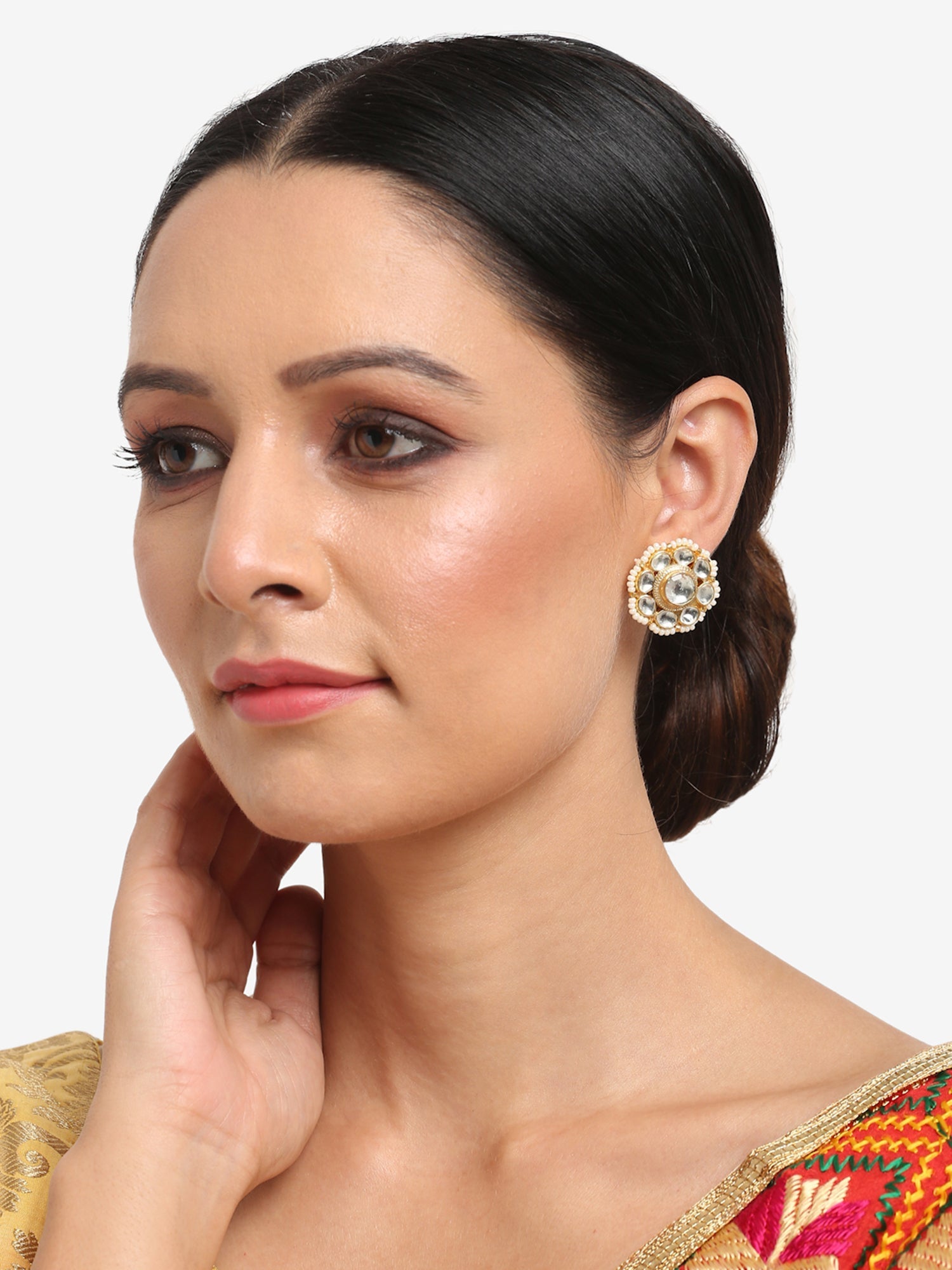 Gold-Toned Floral Kundan Studded Studs Earrings - Ruby Raang - Swadesiicart