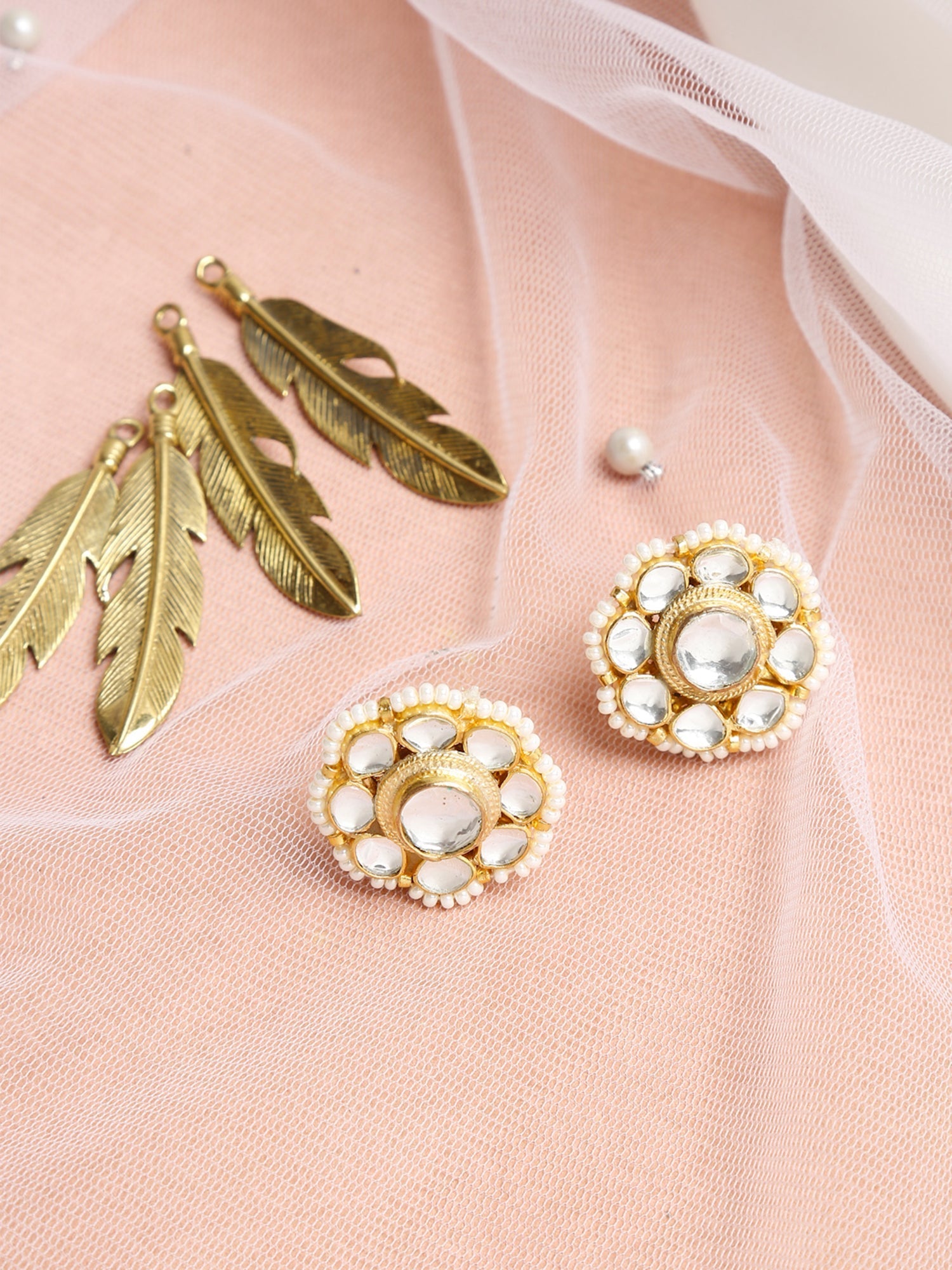 Gold-Toned Floral Kundan Studded Studs Earrings - Ruby Raang - Ruby Raang Studio
