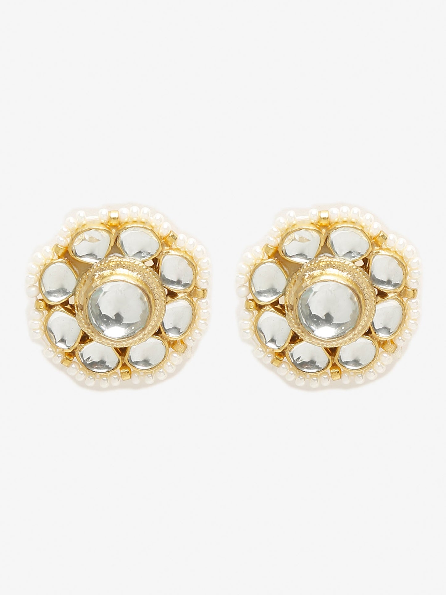 Gold-Toned Floral Kundan Studded Studs Earrings - Ruby Raang - Swadesiicart