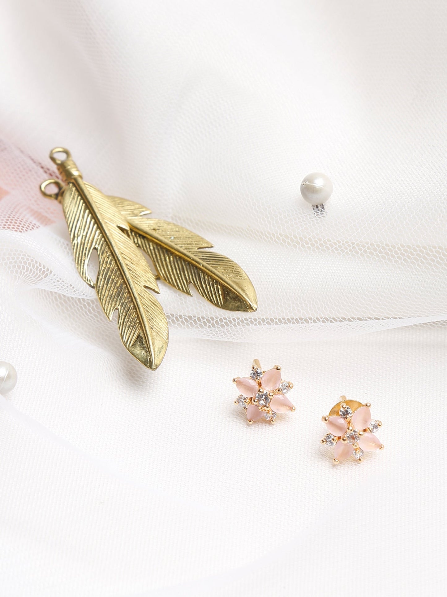 Gold-Polished Pink Floral Studs Earrings - Ruby Raang - Ruby Raang Studio