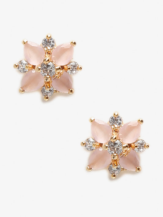 Gold-Polished Pink Floral Studs Earrings - Ruby Raang - Swadesiicart