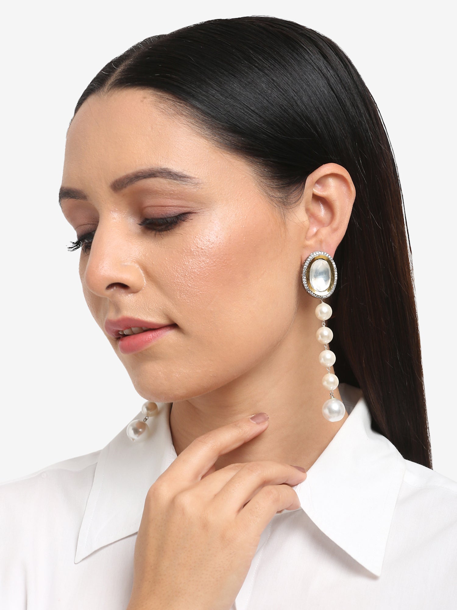 White Kundan Studded Pearls Drop Earrings - Ruby Raang | Swadesiicart