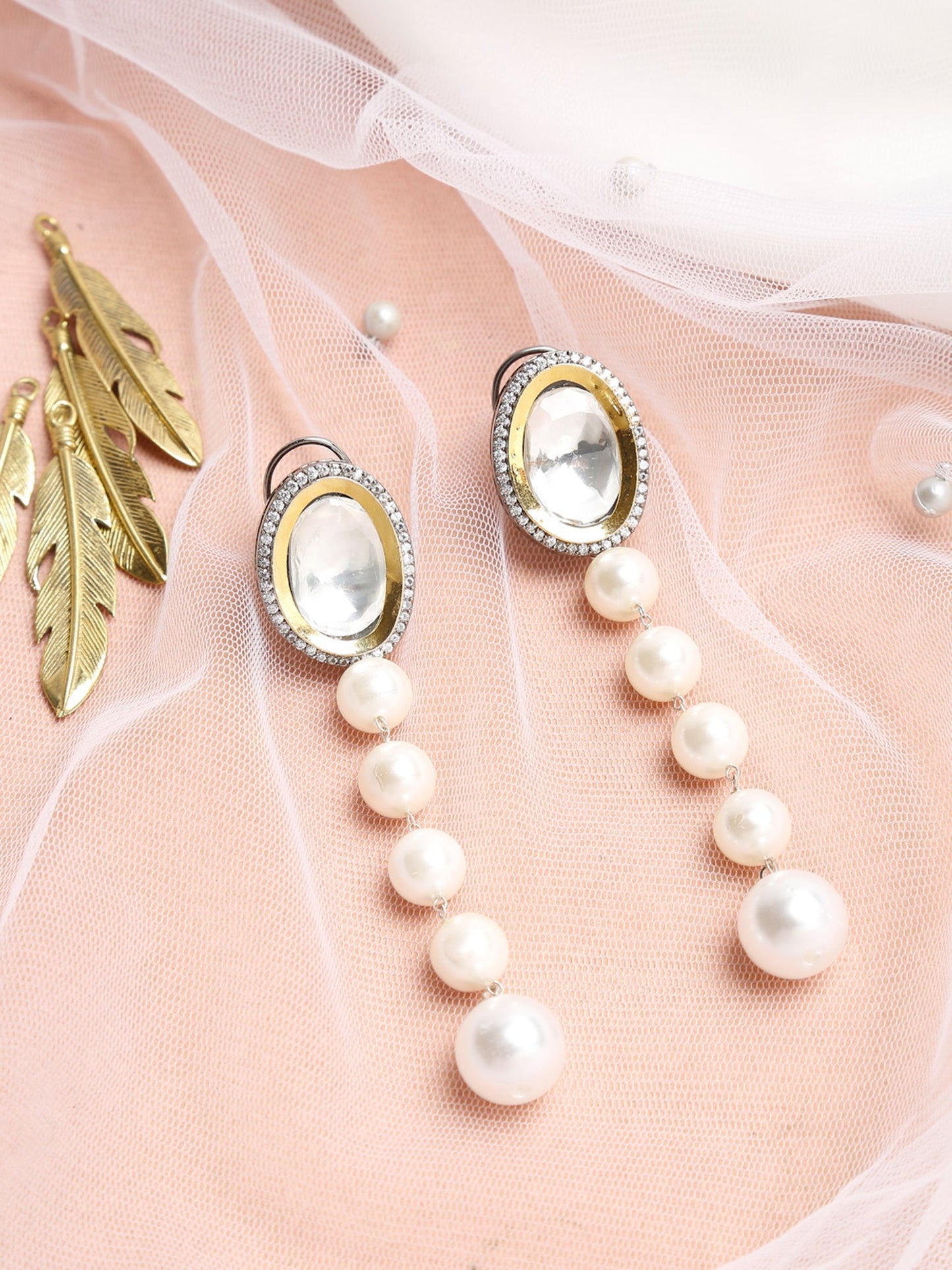 White Kundan Studded Pearls Drop Earrings - Ruby Raang | Swadesiicart