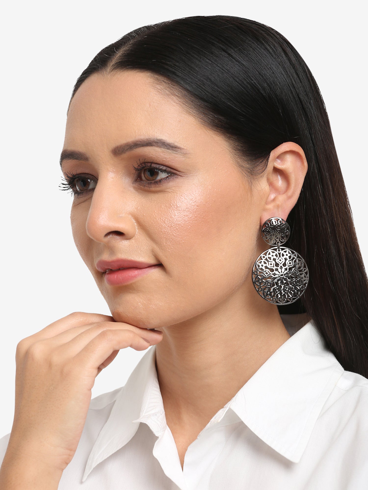 Silver-Toned Circular Drop Earrings - Ruby Raang | Swadesiicart