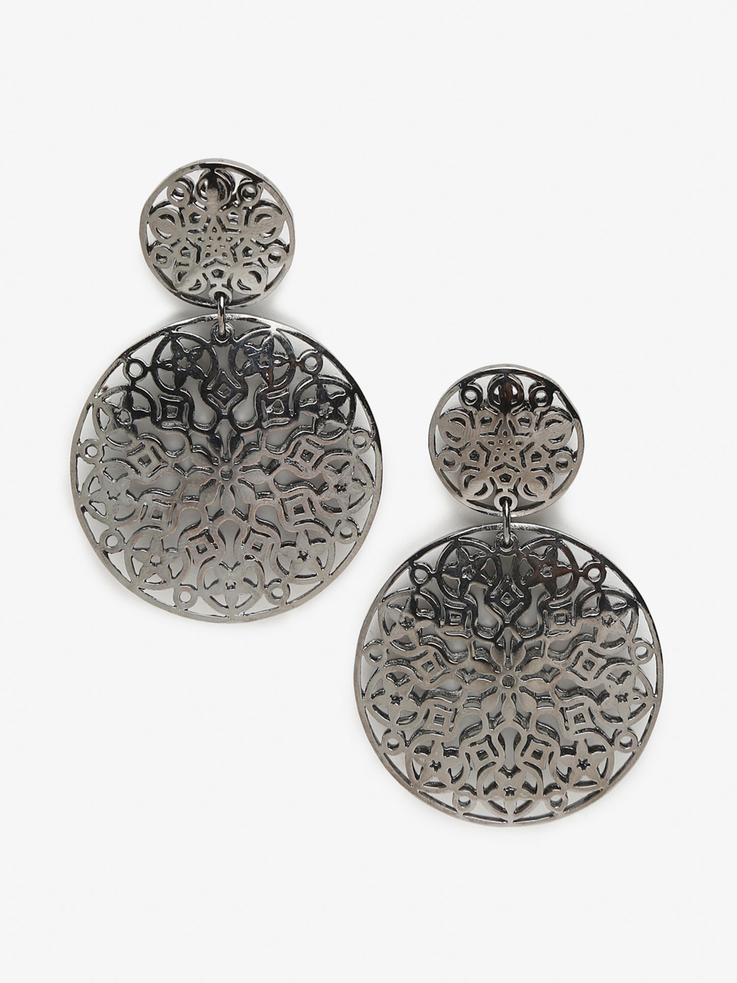 Silver-Toned Circular Drop Earrings - Ruby Raang | Swadesiicart