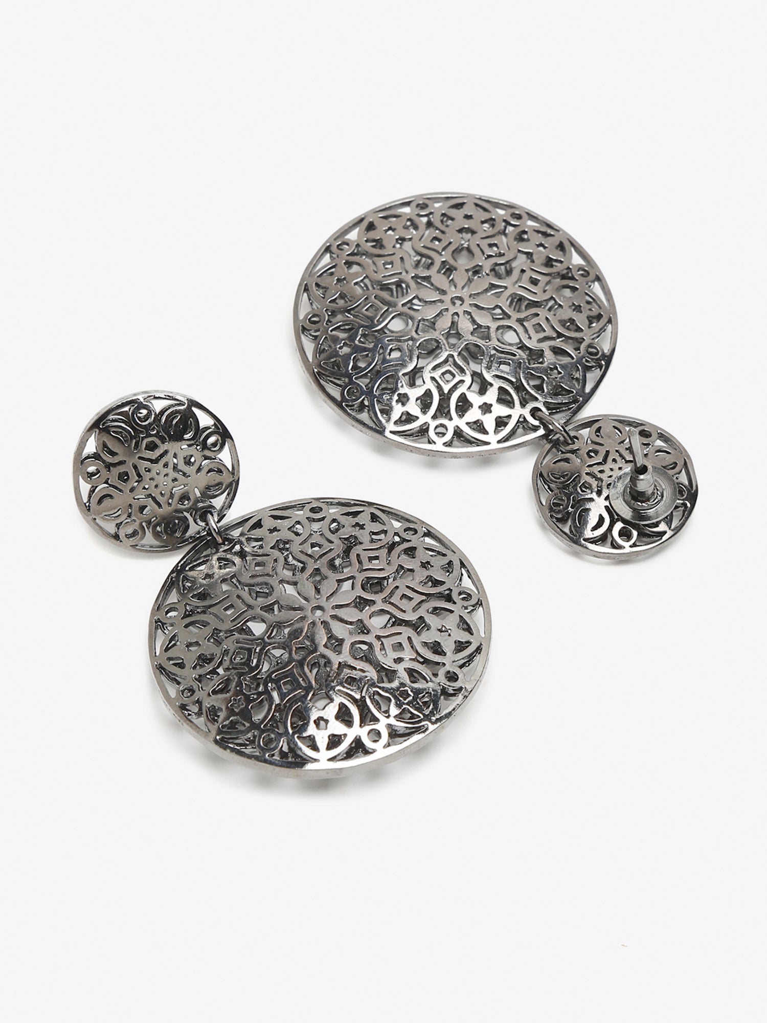 Silver-Toned Circular Drop Earrings - Ruby Raang | Swadesiicart