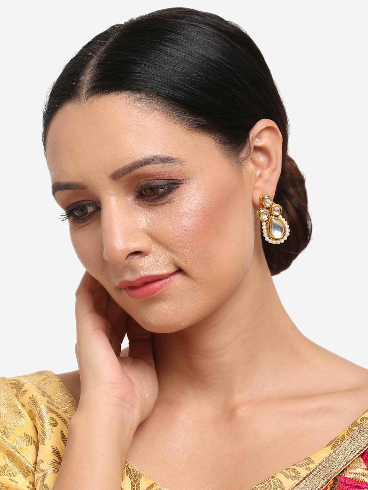 Gold-Toned White Teardrop Shaped Drop Earrings - Ruby Raang | Swadesiicart