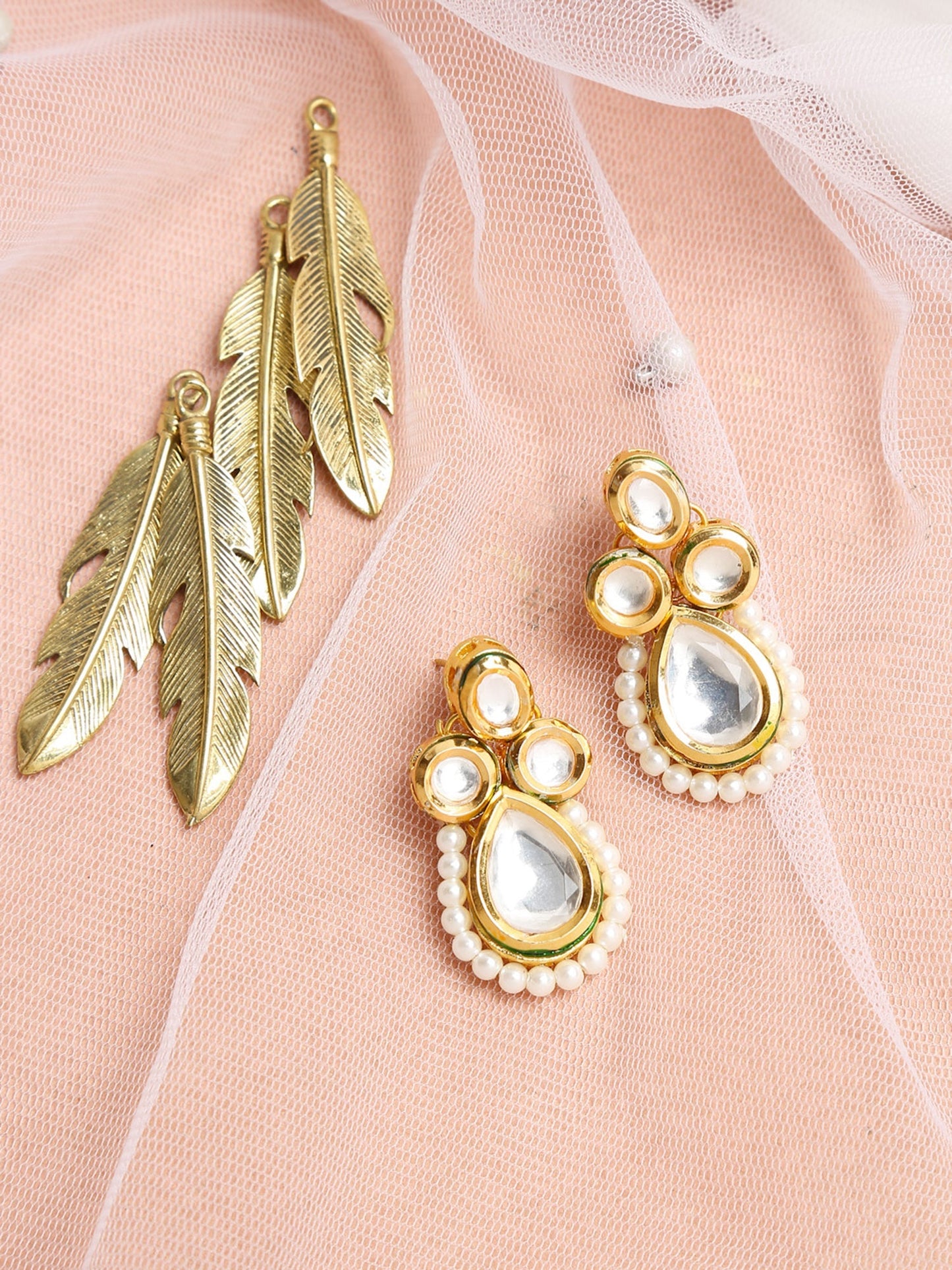 Gold-Toned White Teardrop Shaped Drop Earrings - Ruby Raang | Swadesiicart