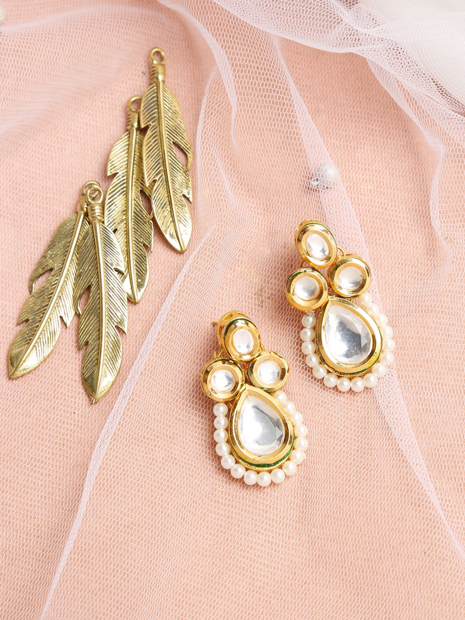 Gold-Toned White Teardrop Shaped Drop Earrings - Ruby Raang | Swadesiicart