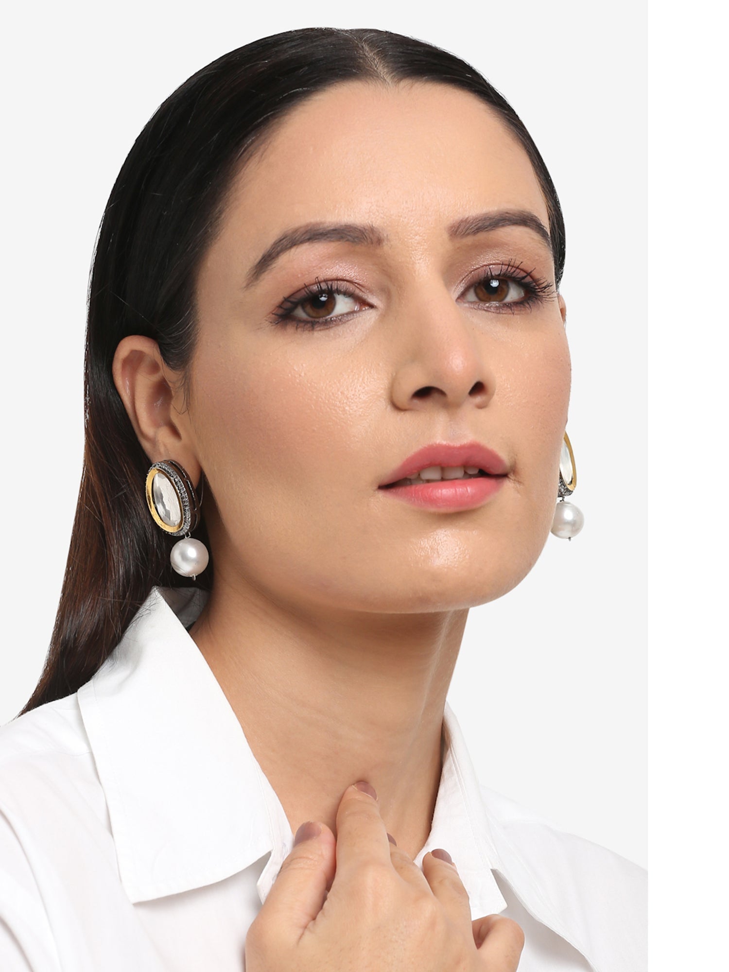White Kundan Studded Drop Earrings - Ruby Raang | Swadesiicart