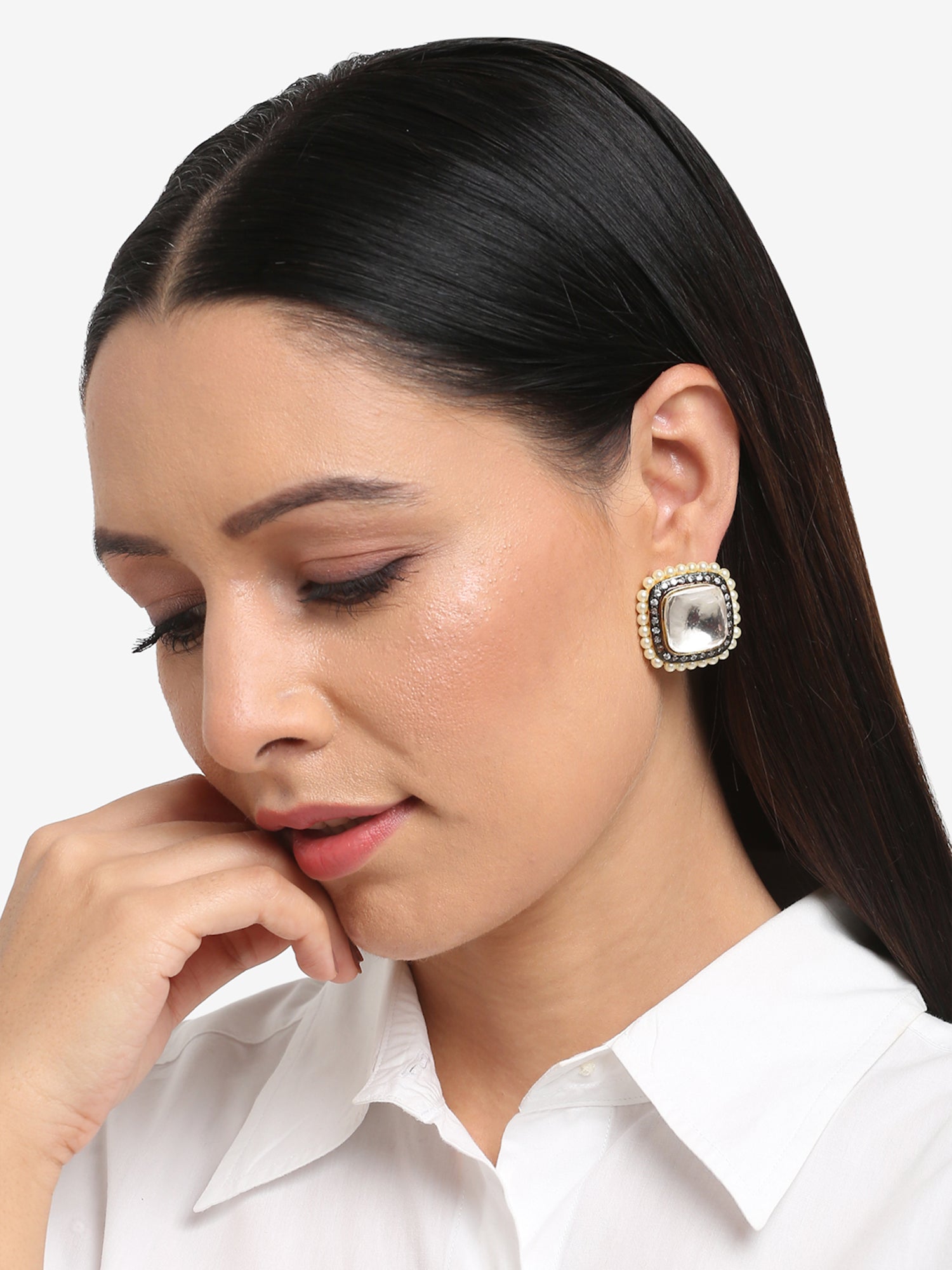 White Contemporary Studs Earrings - Ruby Raang | Swadesiicart