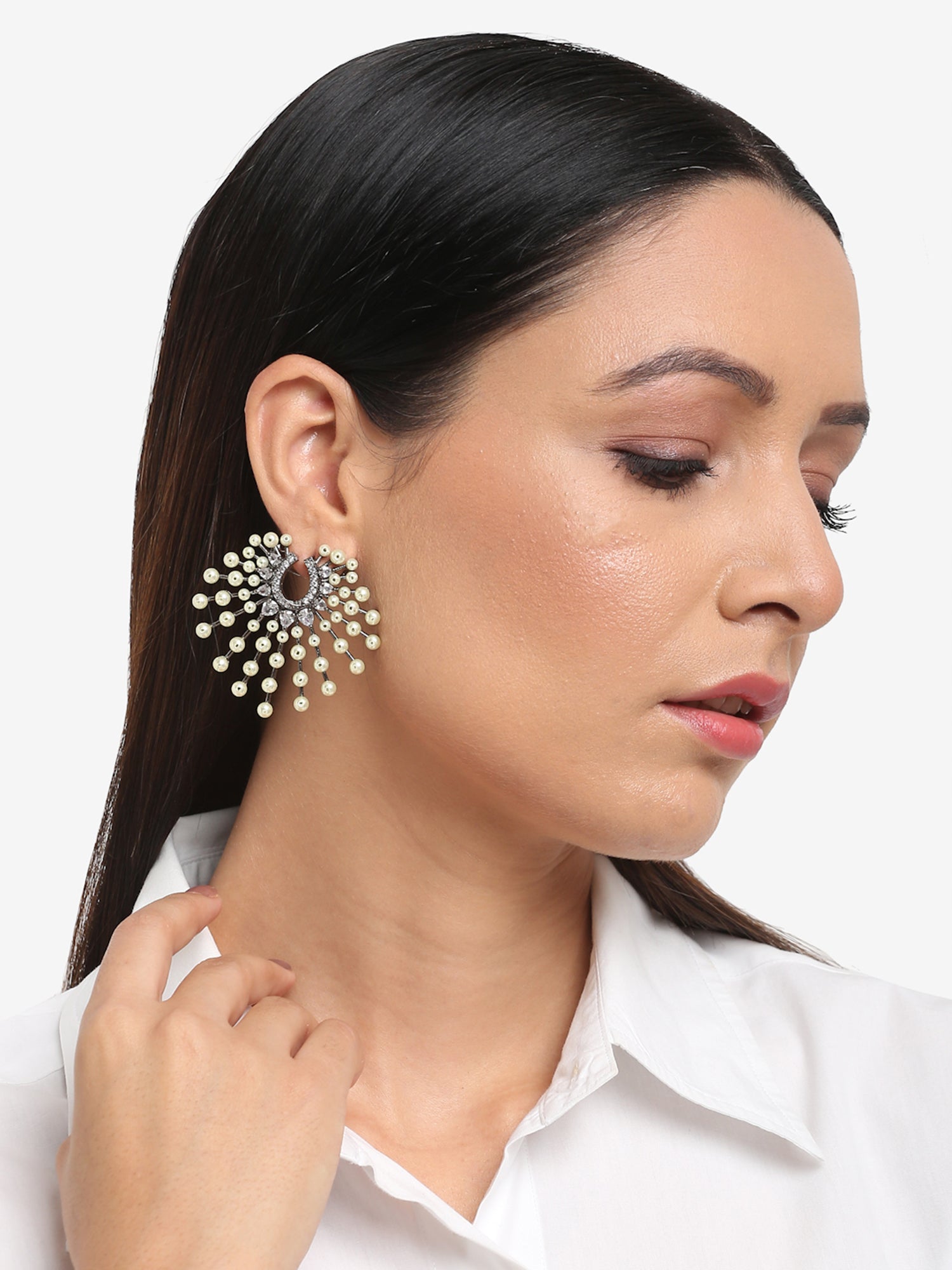 White Contemporary Drop Earrings - Ruby Raang - Swadesiicart