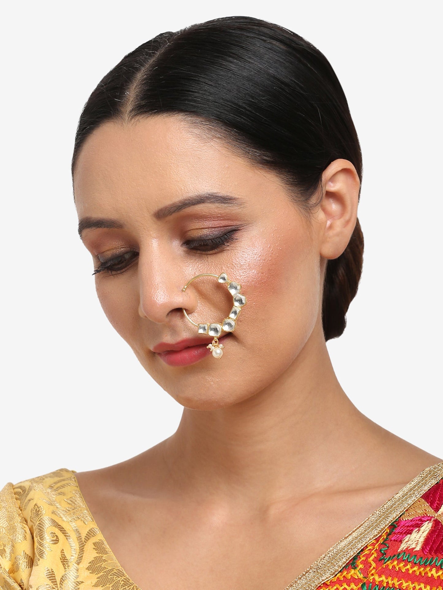 Gold-Polished White Kundan Studded Pearl Beaded Nose Pin - Ruby Raang | Swadesiicart