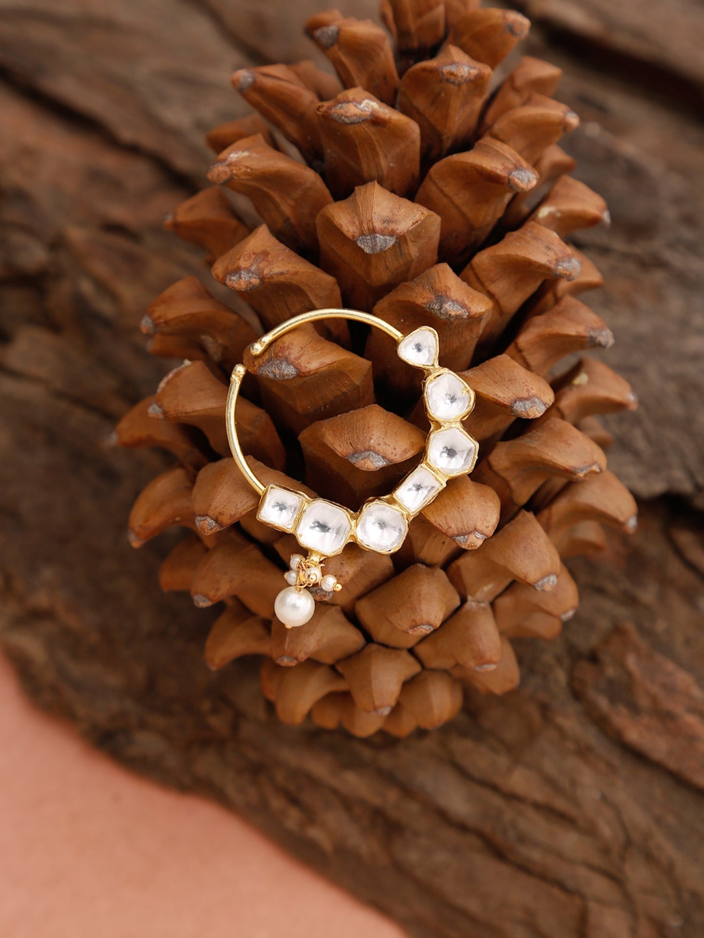 Gold-Polished White Kundan Studded Pearl Beaded Nose Pin - Ruby Raang | Swadesiicart