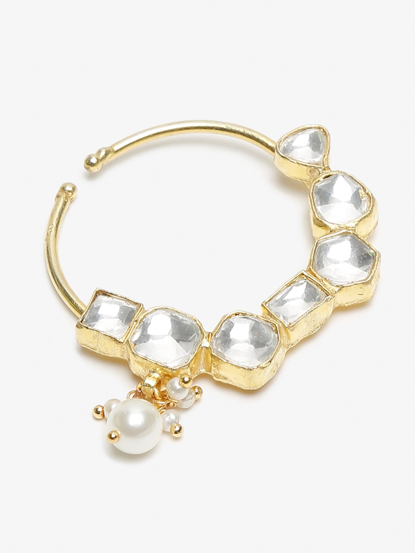Gold-Polished White Kundan Studded Pearl Beaded Nose Pin - Ruby Raang | Swadesiicart