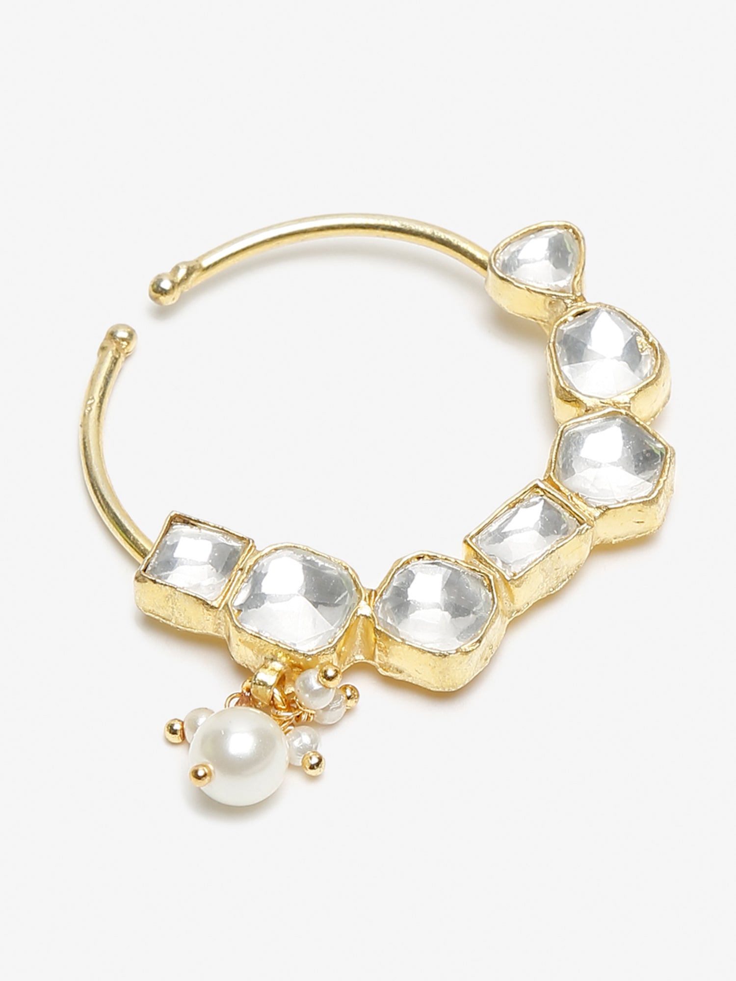 Gold-Polished White Kundan Studded Pearl Beaded Nose Pin - Ruby Raang | Swadesiicart