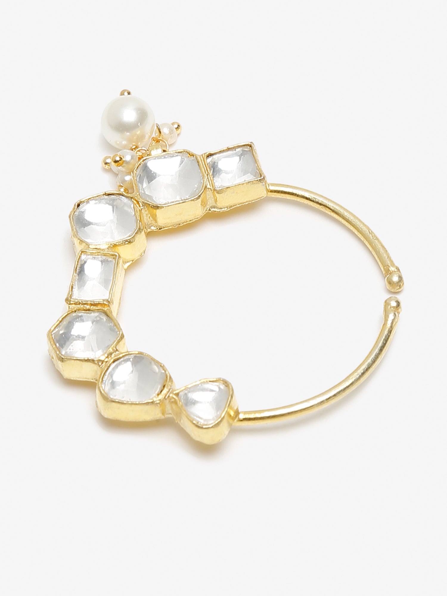 Gold-Polished White Kundan Studded Pearl Beaded Nose Pin - Ruby Raang | Swadesiicart