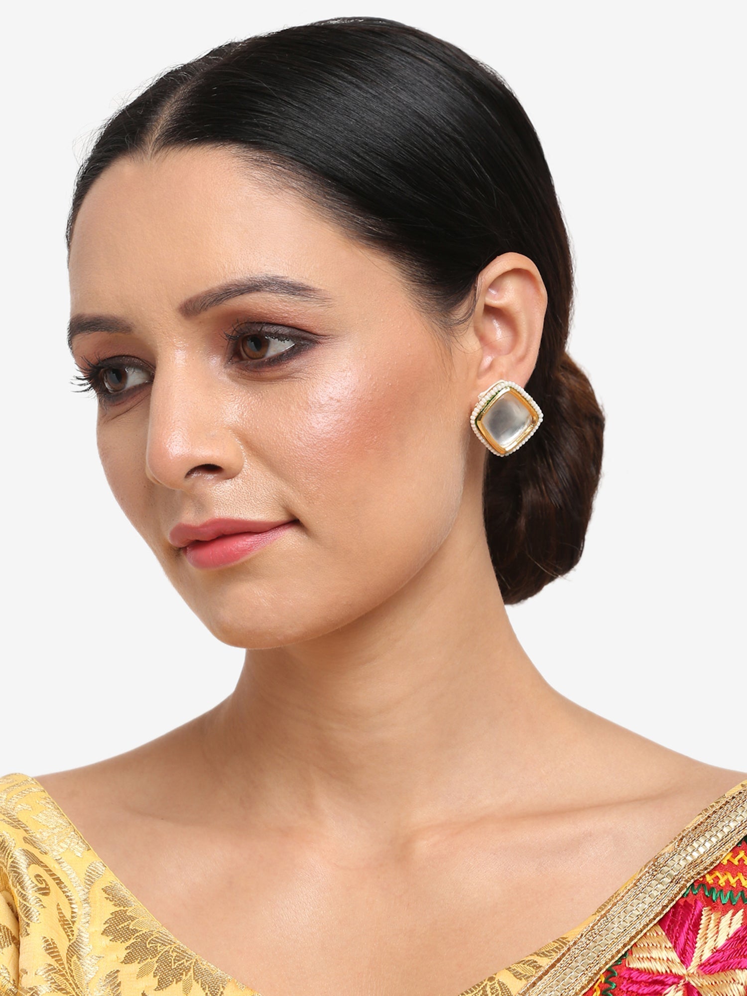 White Artificial Stone Beads Studded Contemporary Studs Earrings - Ruby Raang - Swadesiicart