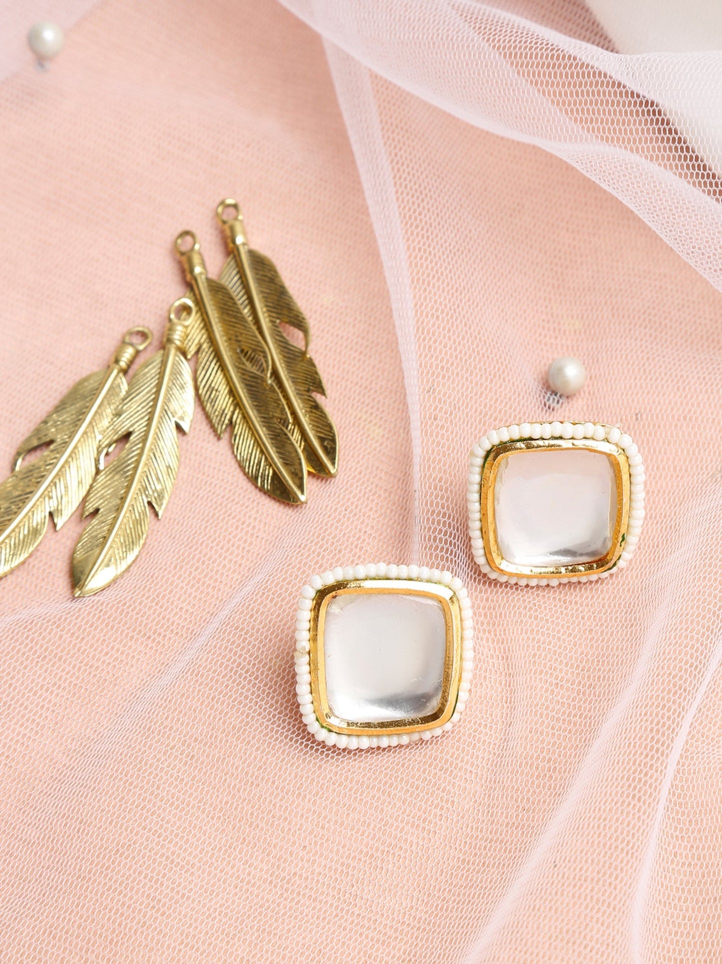 White Artificial Stone Beads Studded Contemporary Studs Earrings - Ruby Raang - Ruby Raang Studio