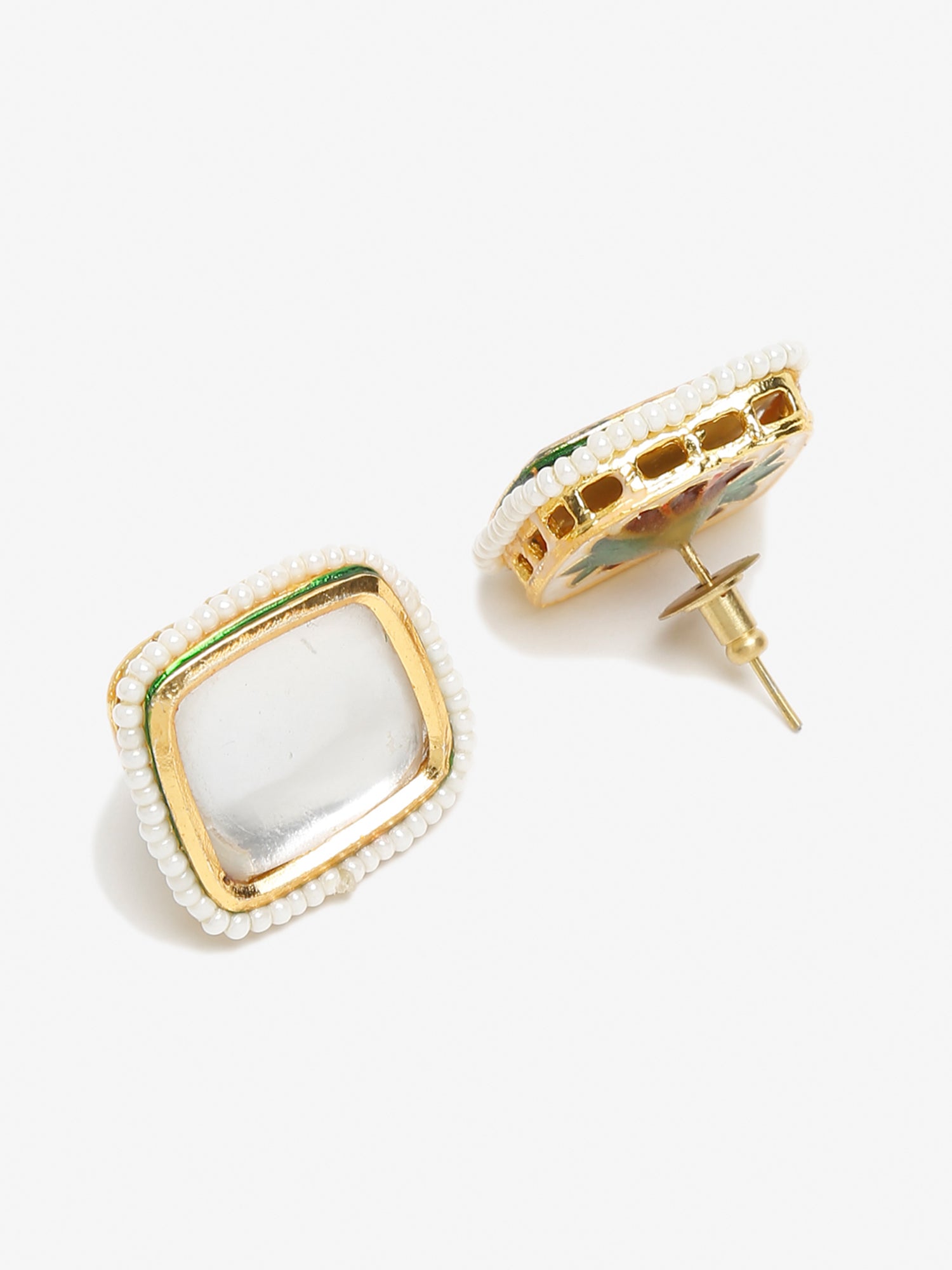 White Artificial Stone Beads Studded Contemporary Studs Earrings - Ruby Raang - Swadesiicart