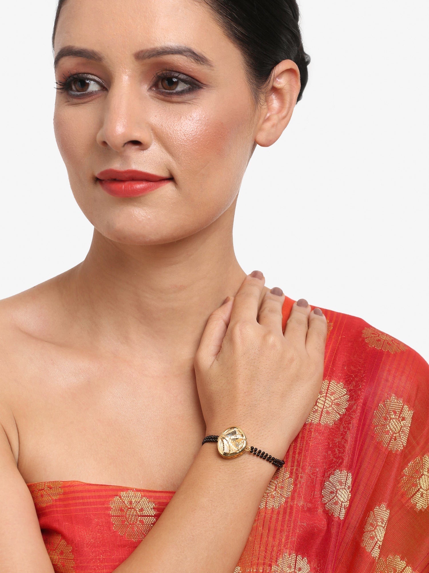 Women's Black Gold-Polished Charm Kundan Studded Mangalsutra Bracelet - Ruby Raang - Swadesiicart