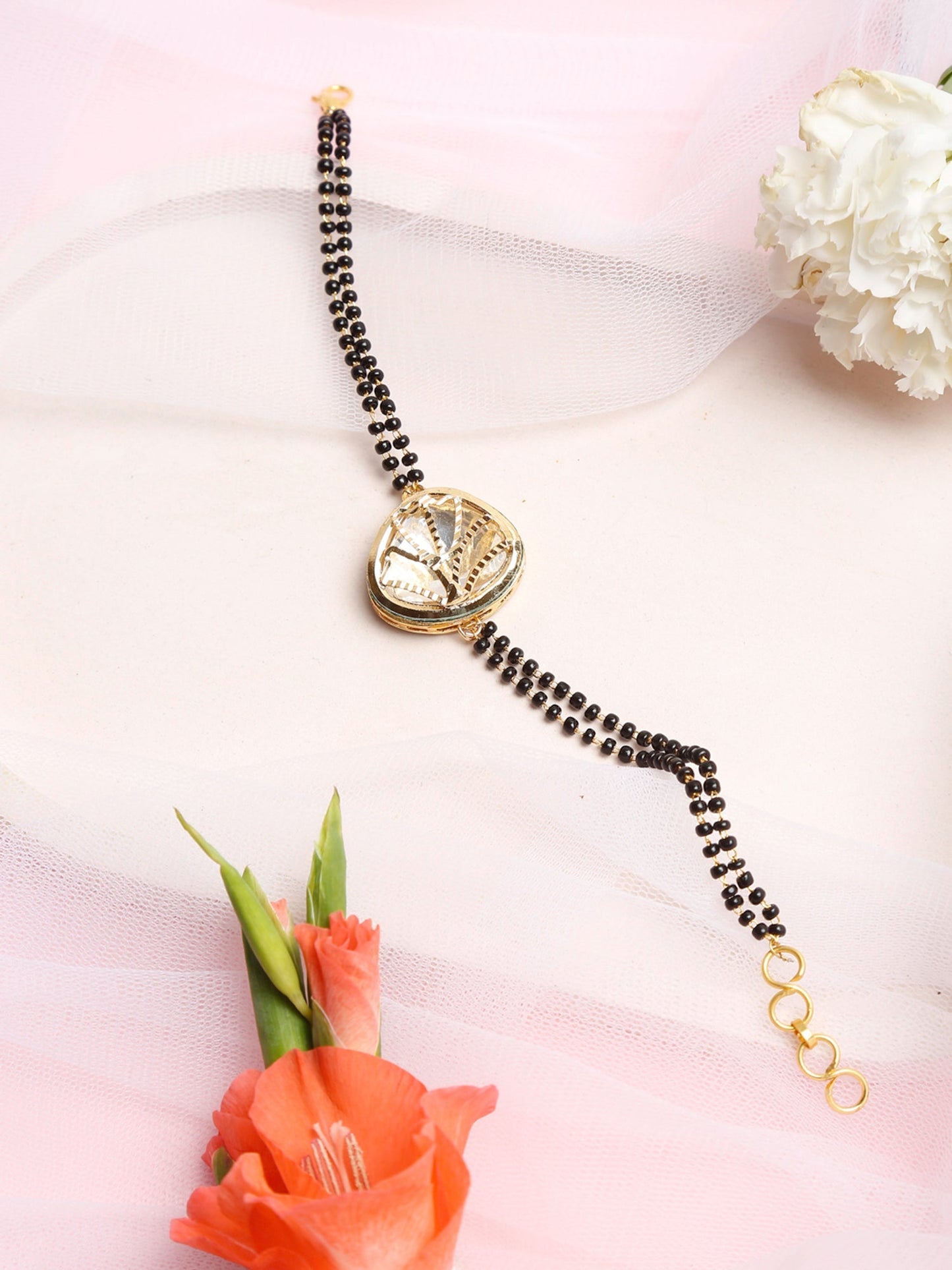 Women's Black Gold-Polished Charm Kundan Studded Mangalsutra Bracelet - Ruby Raang - Ruby Raang Studio