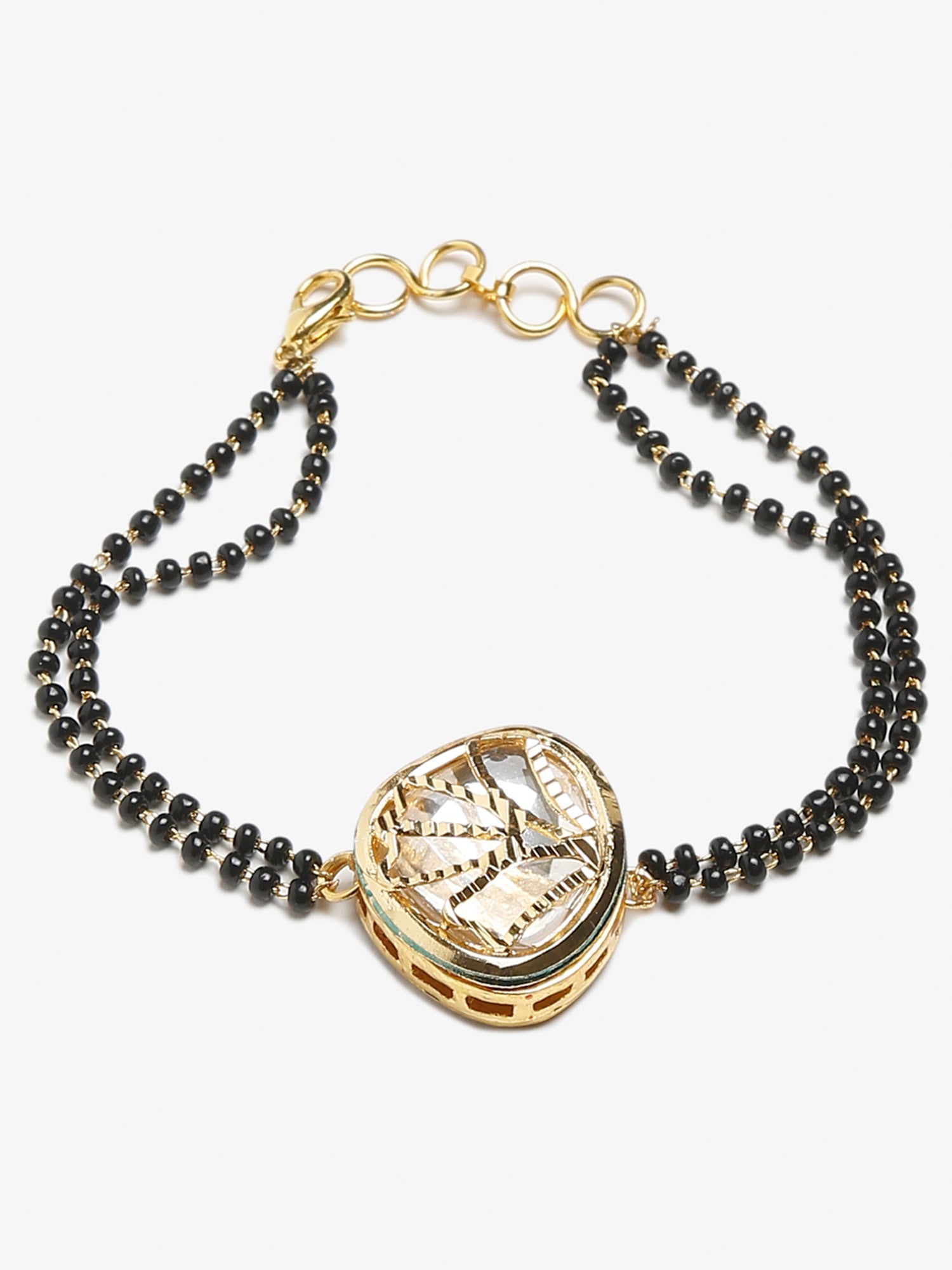 Women's Black Gold-Polished Charm Kundan Studded Mangalsutra Bracelet - Ruby Raang - Swadesiicart